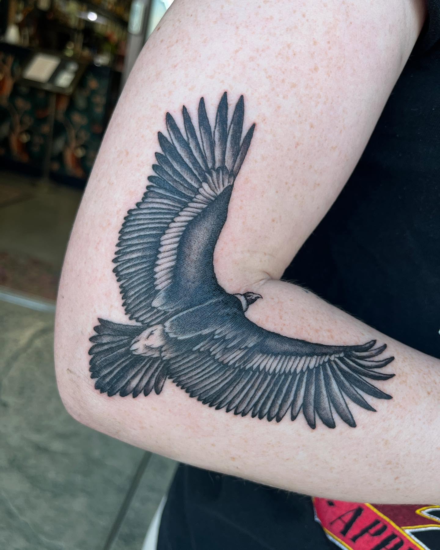 Bird black and grey tattoo on the forearm by Janelle McCarthy