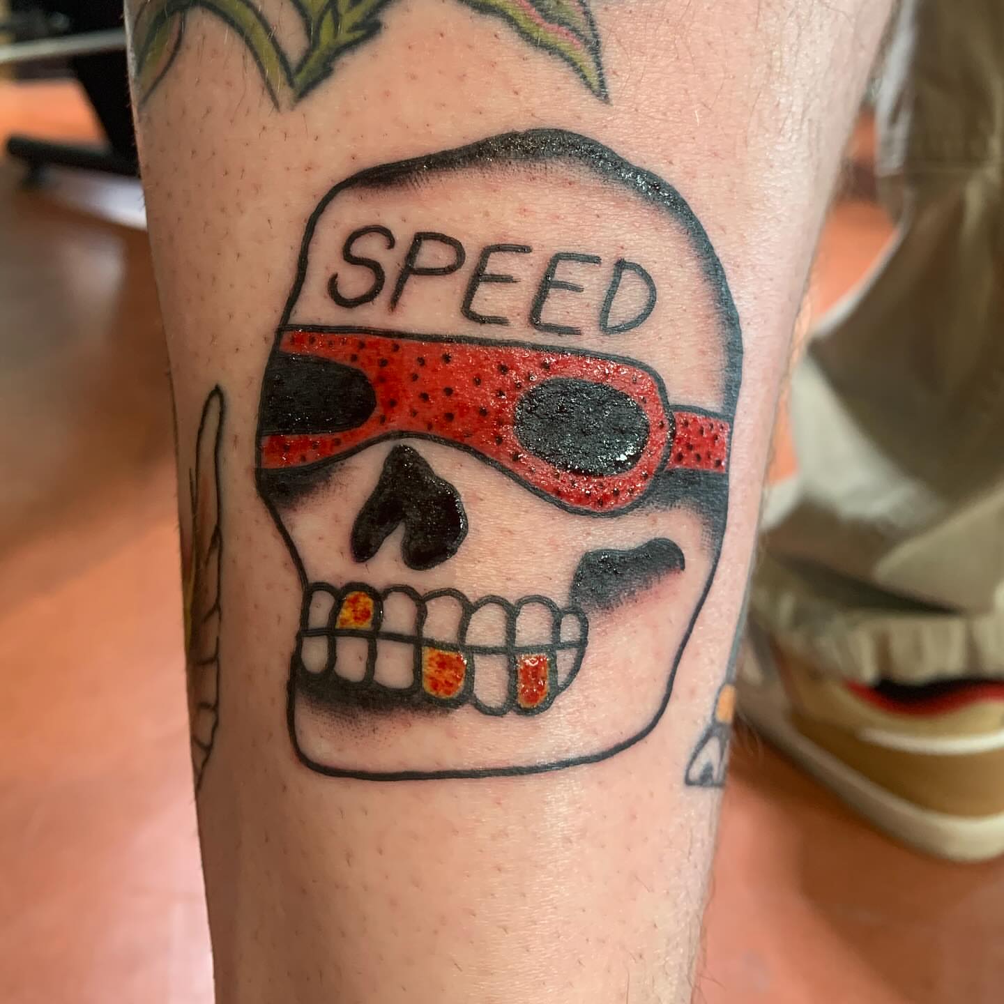 Skull with goggles dotwork tattoo on the forearm by ellie