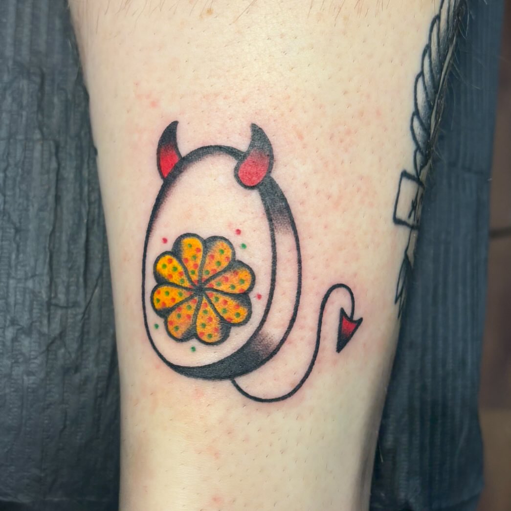 Flower with devil horns dotwork tattoo on the forearm by ๐๐๐ฑ๐ฑ๐ฌ๐ฌ ๐๐ฏ๐ฑ๐ฆ๐ฐ๐ฑ
