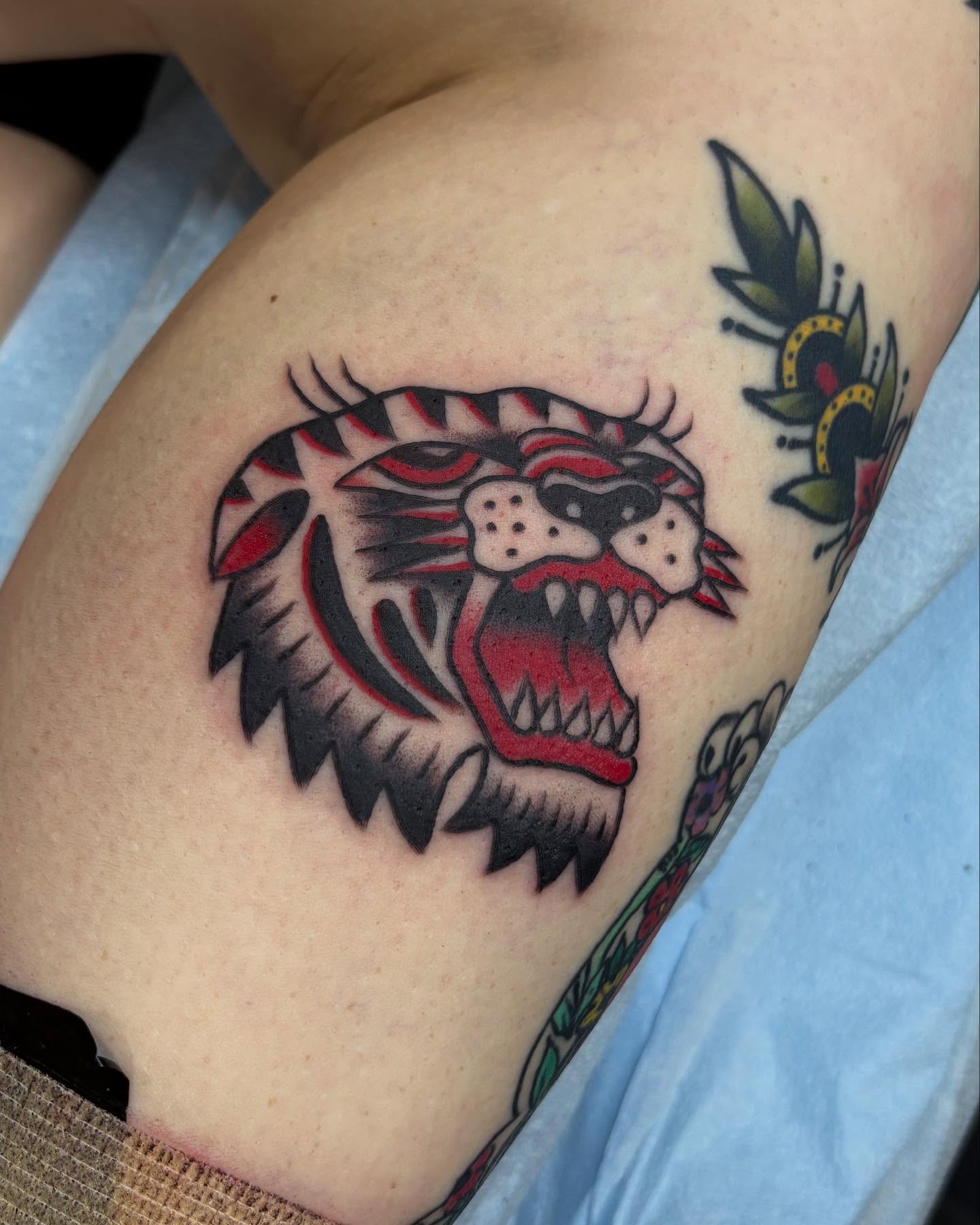 Roaring tiger American traditional tattoo on the shoulder by Jamie Yuu, Minneapolis, Minnesota