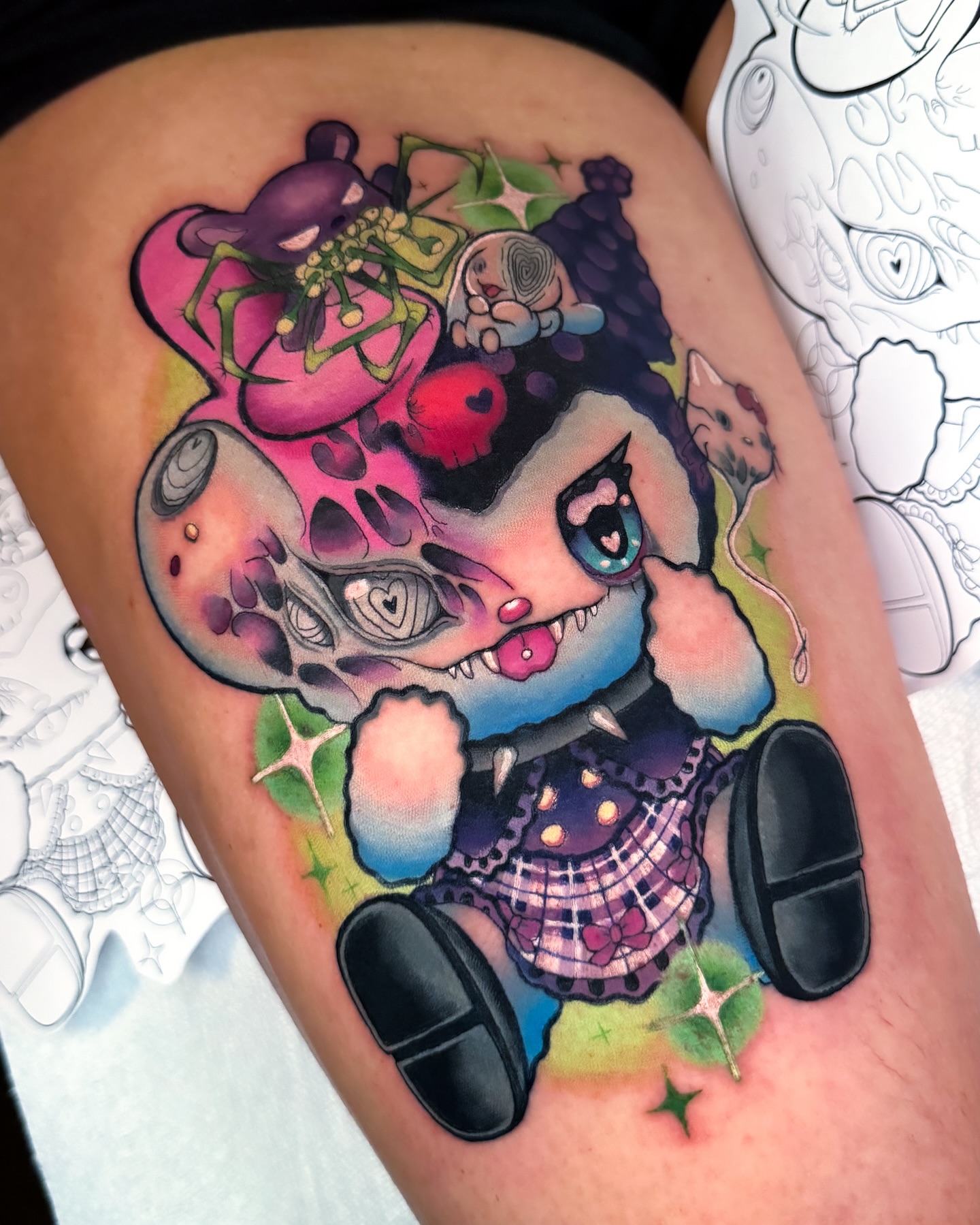 Doll new school tattoo on the thigh by 𝔐𝔞𝔯𝔰 ✨