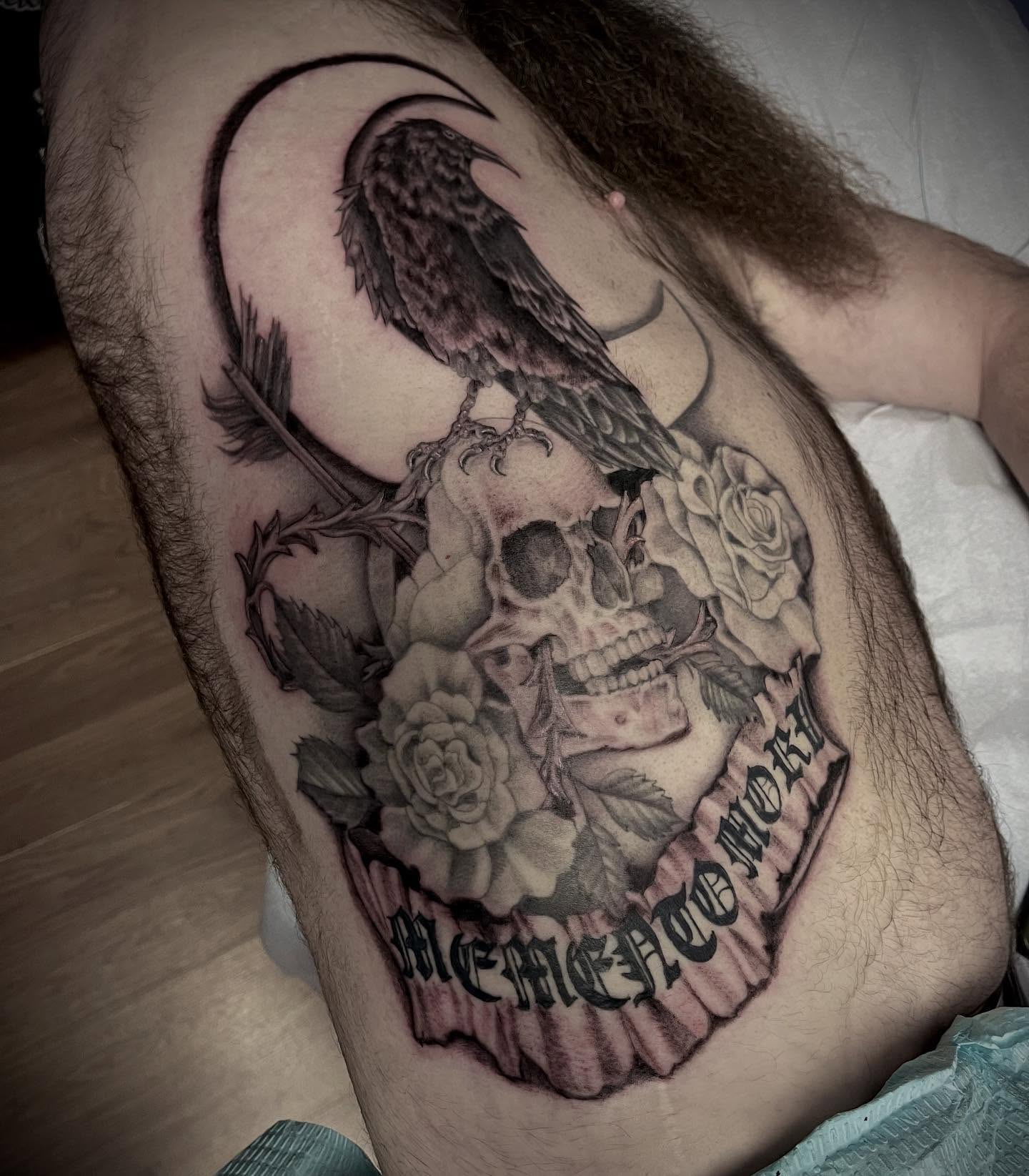 Skull and roses realism tattoo on the thigh by Ashly Hutchens, Richmond, Virginia
