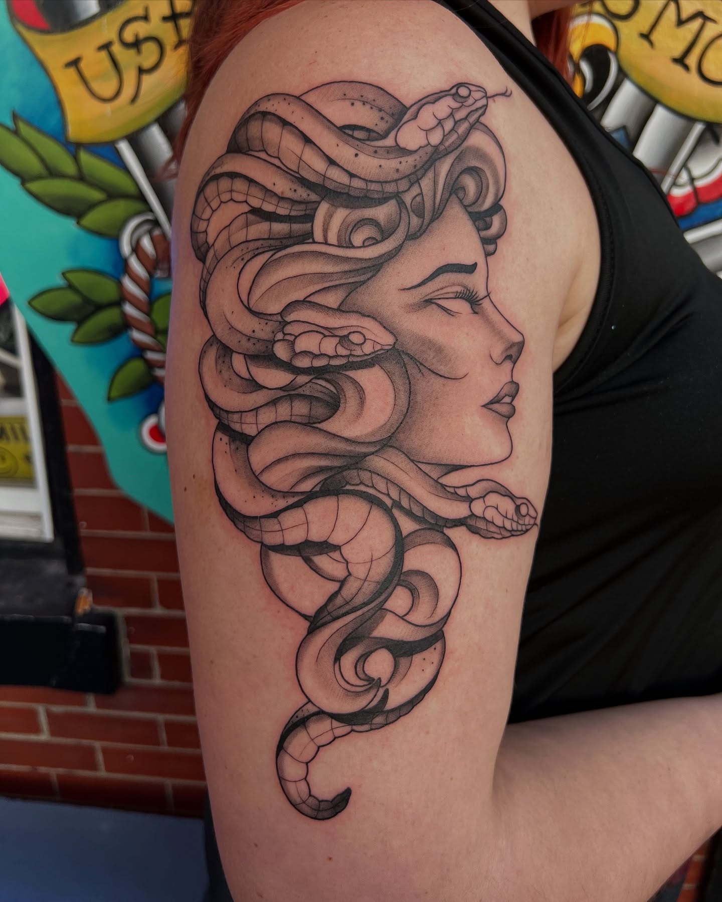 Medusa realism tattoo on the shoulder by Baung Ben