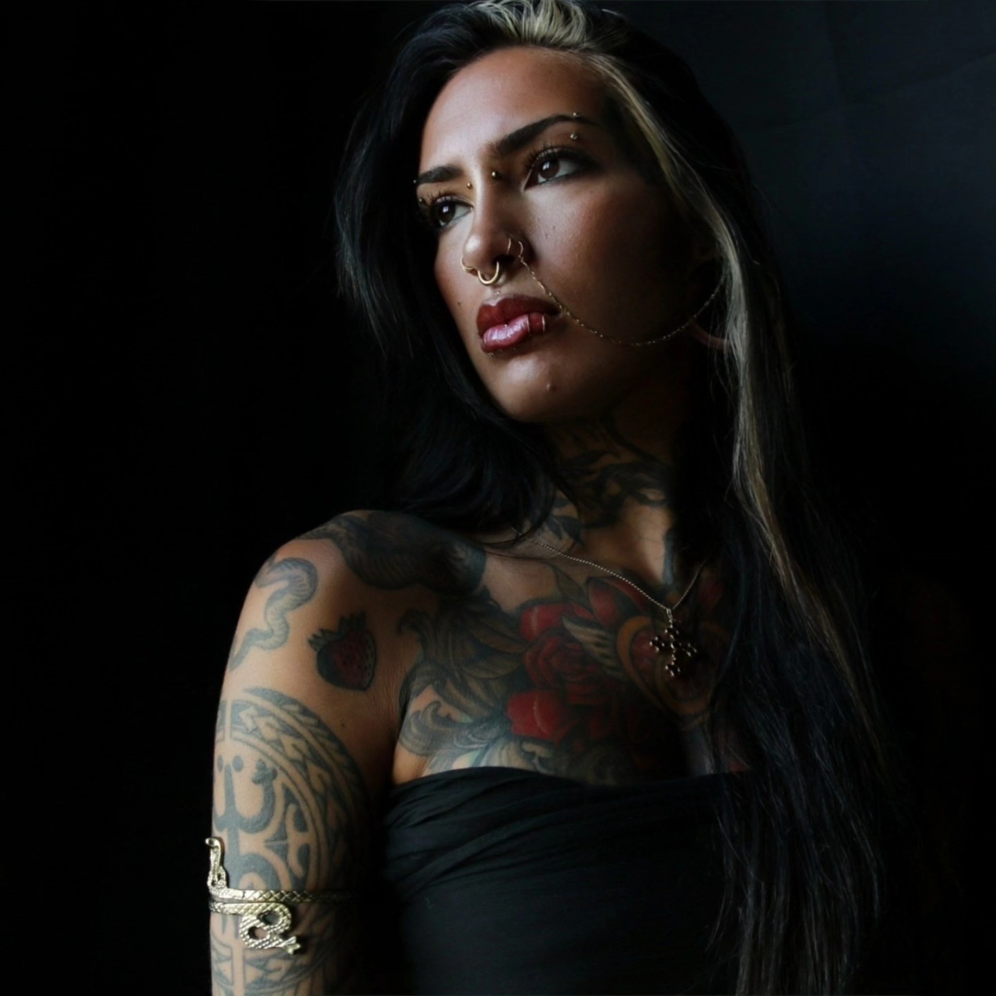 Tattooed woman American traditional tattoo on the torso by Gabrielle Esperanza ☽。⋆