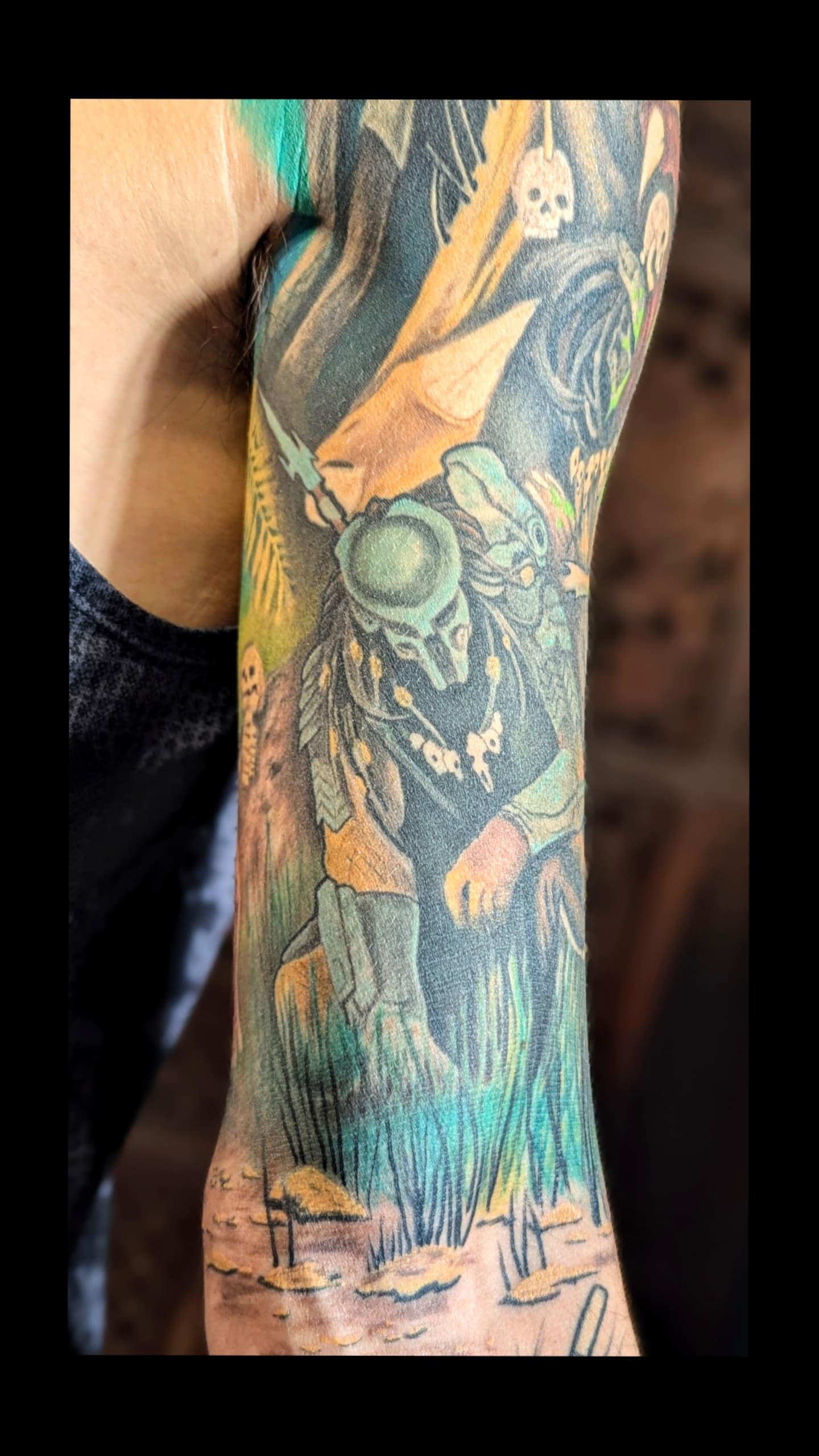 Skull and hooded figure neo-traditional tattoo on the forearm by Jou Smile (Jo)