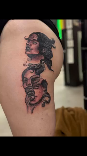 Three faces in profile realism tattoo by Artist Clayco rikky