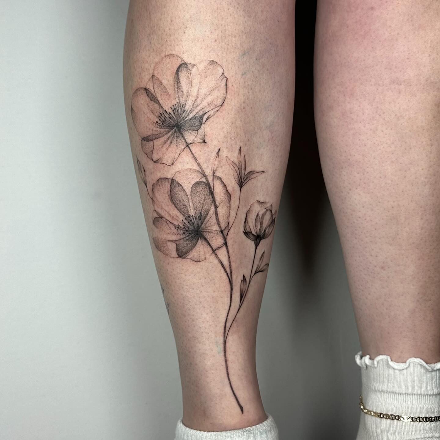 Flowers black and grey tattoo on the calf by ๐๐๐๐ ๐๐๐๐