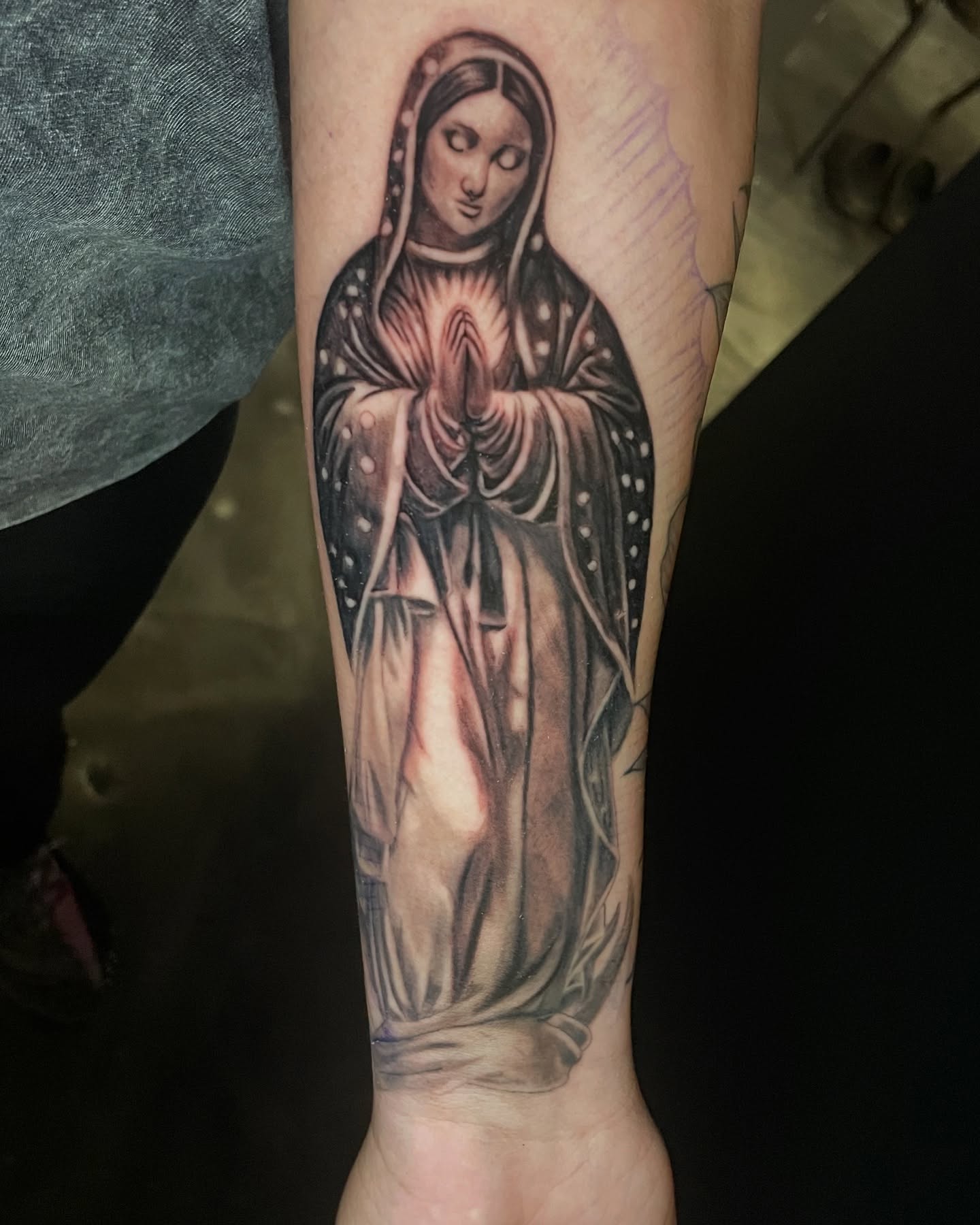 Our Lady of Guadalupe realism tattoo on the forearm by Chubbs
