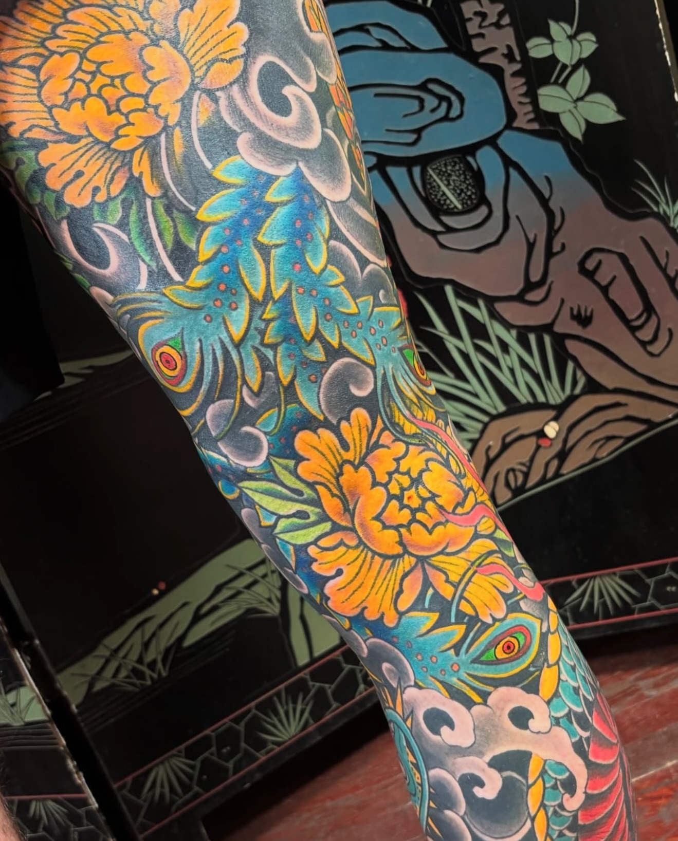 Peony and dragon japanese irezumi tattoo on the upper arm by Steven Campbell, Kansas City, Missouri