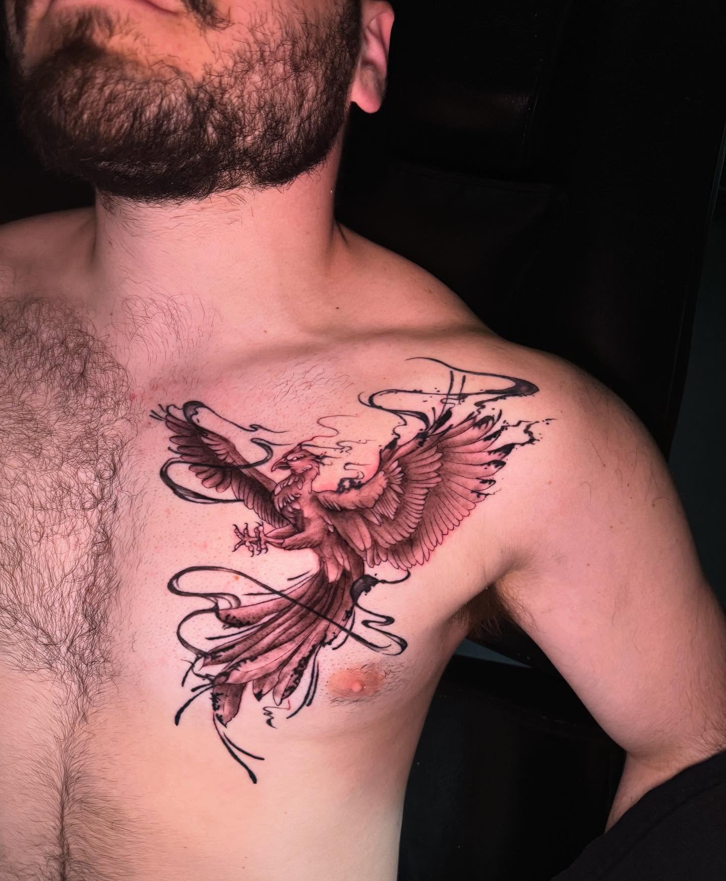 Phoenix neo-traditional tattoo on the chest by Kayla