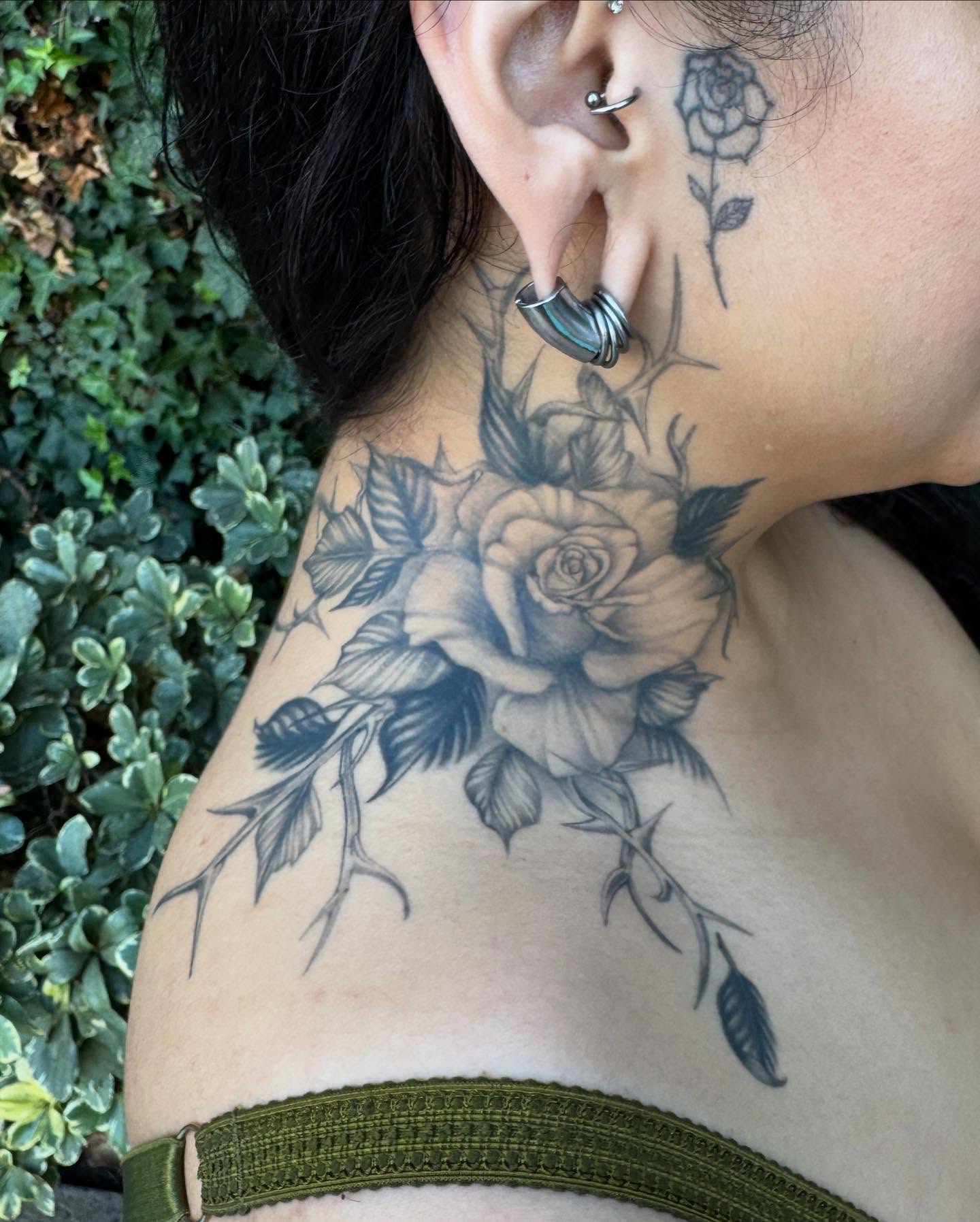 Rose black and grey tattoo on the shoulder by Austin Tattoo Artist, Austin, Texas