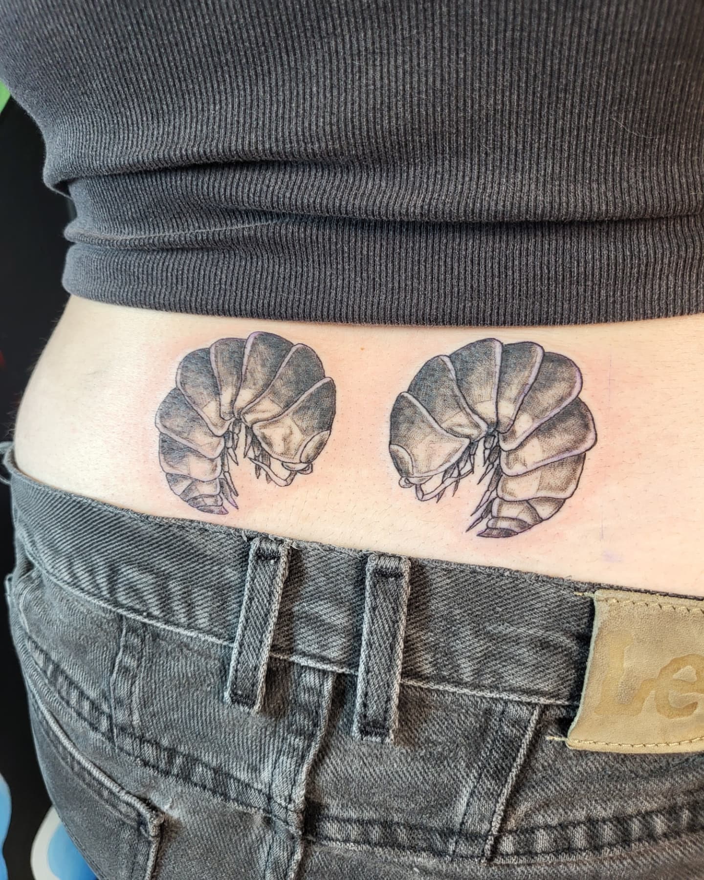 Shrimp black and grey tattoo on the thigh by Jenna 🖤 Tattoos Denton TX