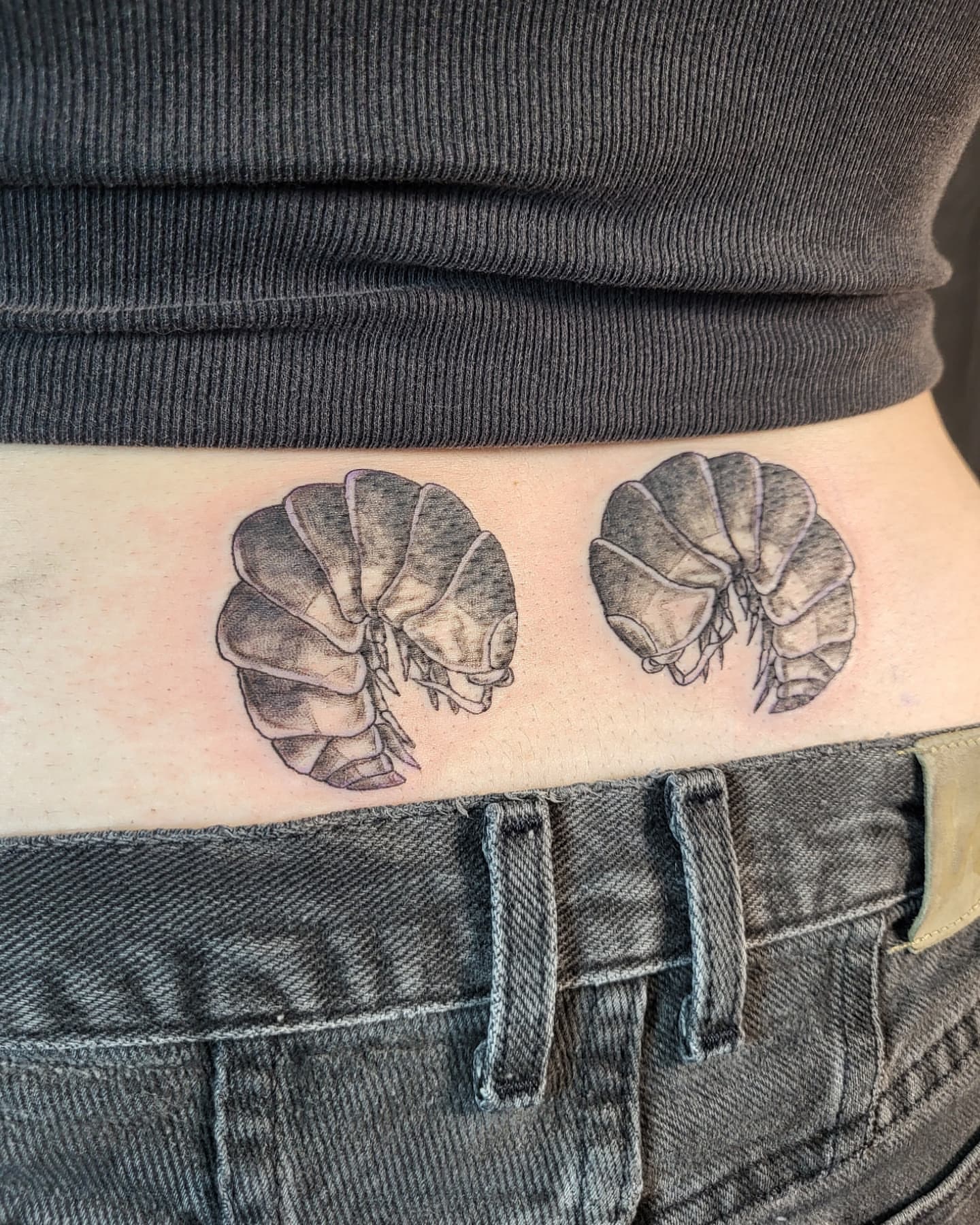 Prawn black and grey tattoo on the thigh by Jenna 🖤 Tattoos Denton TX