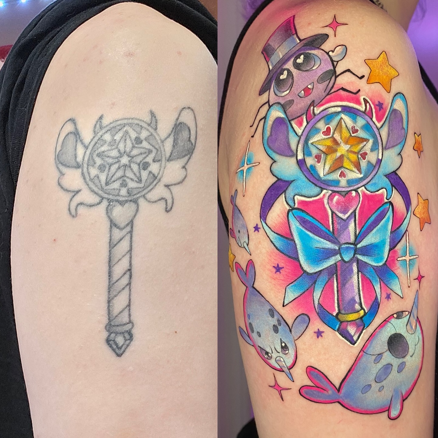 Magic wand new school tattoo on the thigh by Amy Porter