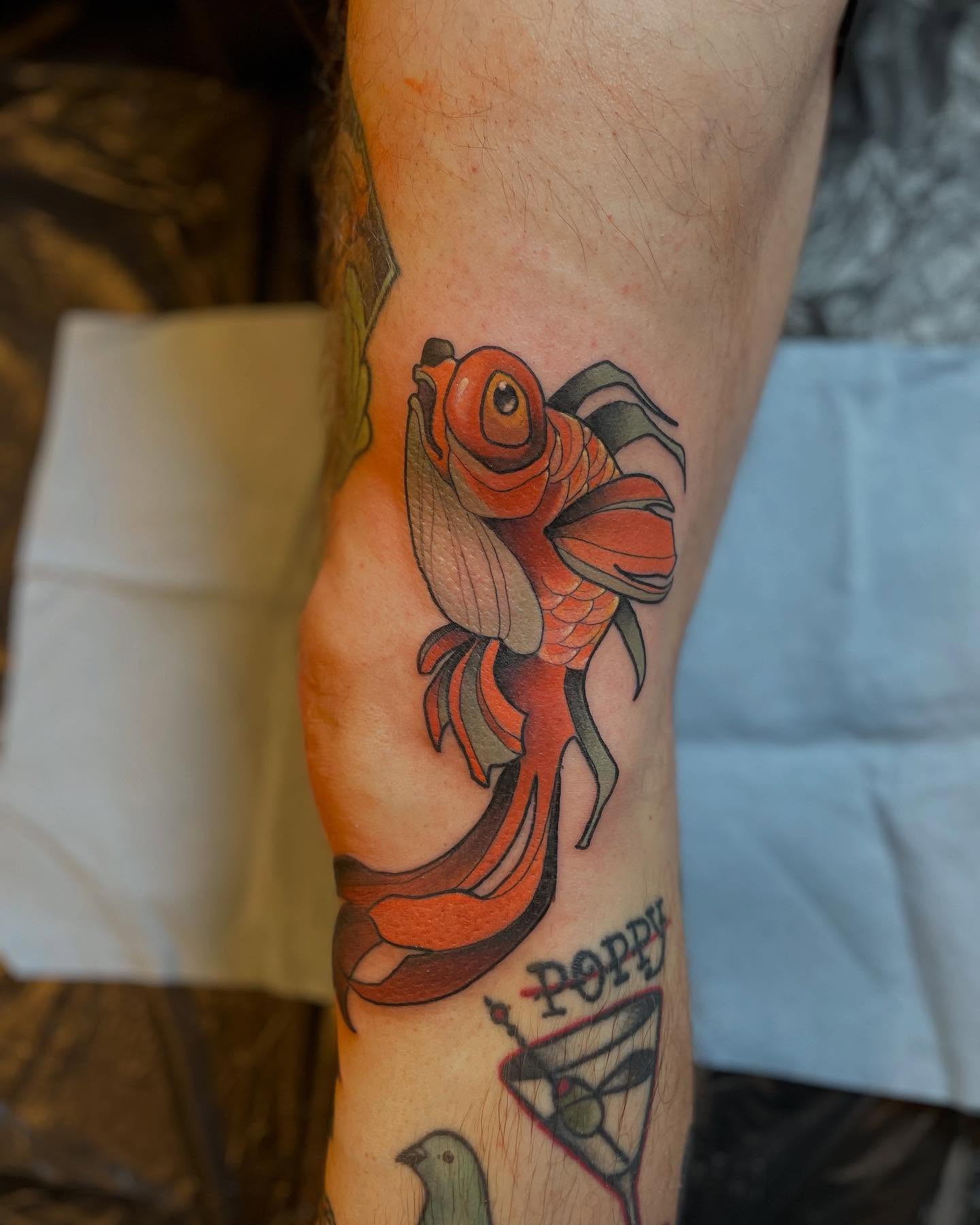 Goldfish American traditional tattoo on the forearm by Nathan Evans
