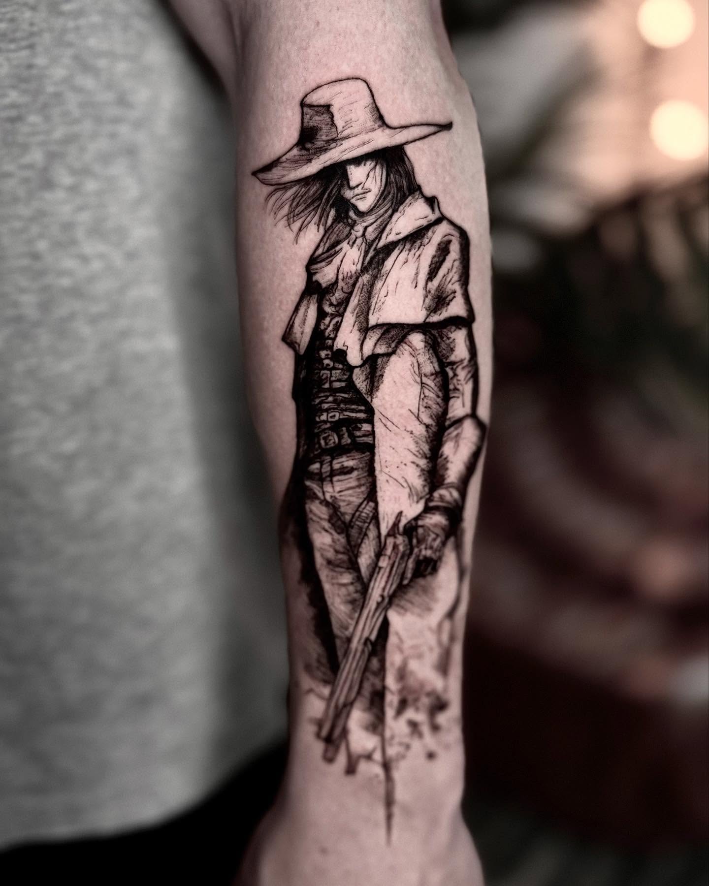 Cowboy with rifle black and grey tattoo on the forearm by Bwk Dark Art