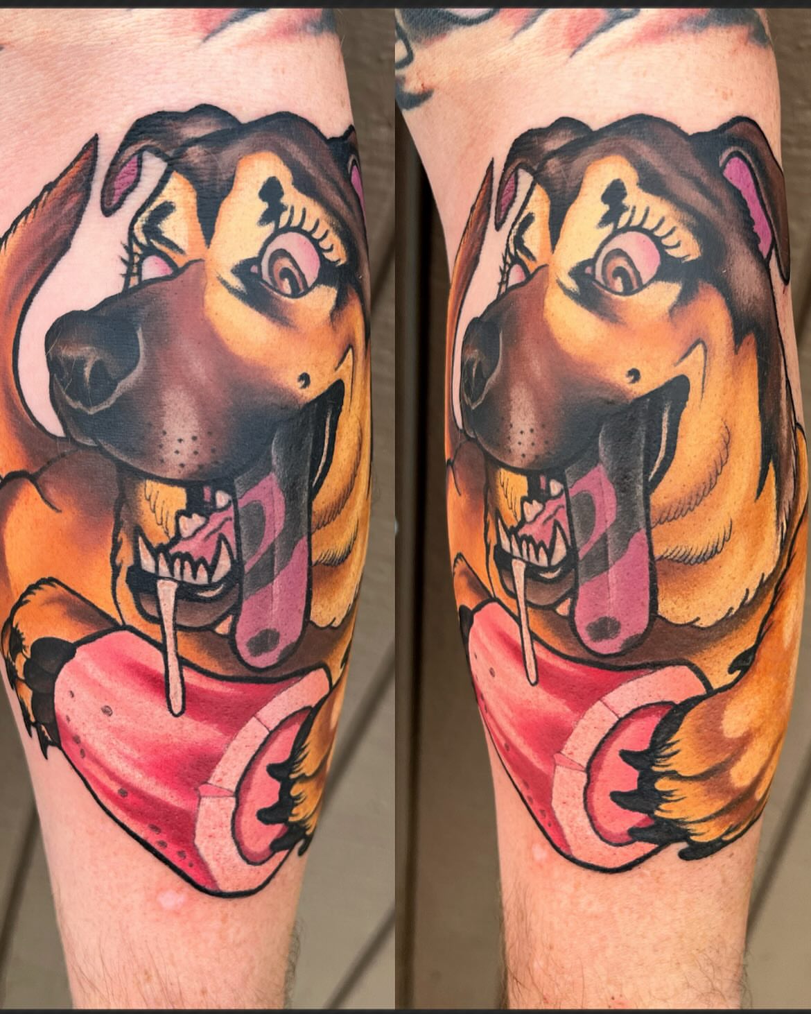 Dog eating ice cream American traditional tattoo on the forearm by Kevin Starai