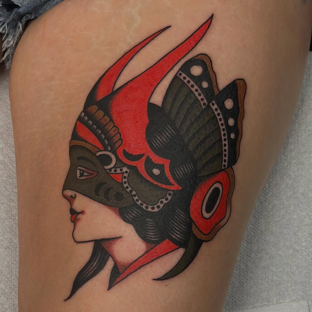 Woman with butterfly headdress neo-traditional tattoo on the thigh by @ryleecoyote, New York, New York