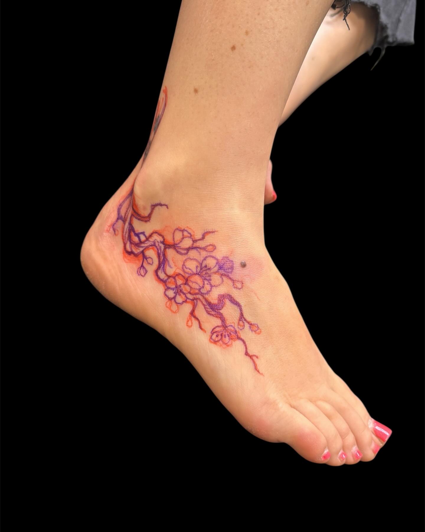 Cherry blossoms dotwork tattoo on the foot by Brennan Walker, Orem, Utah