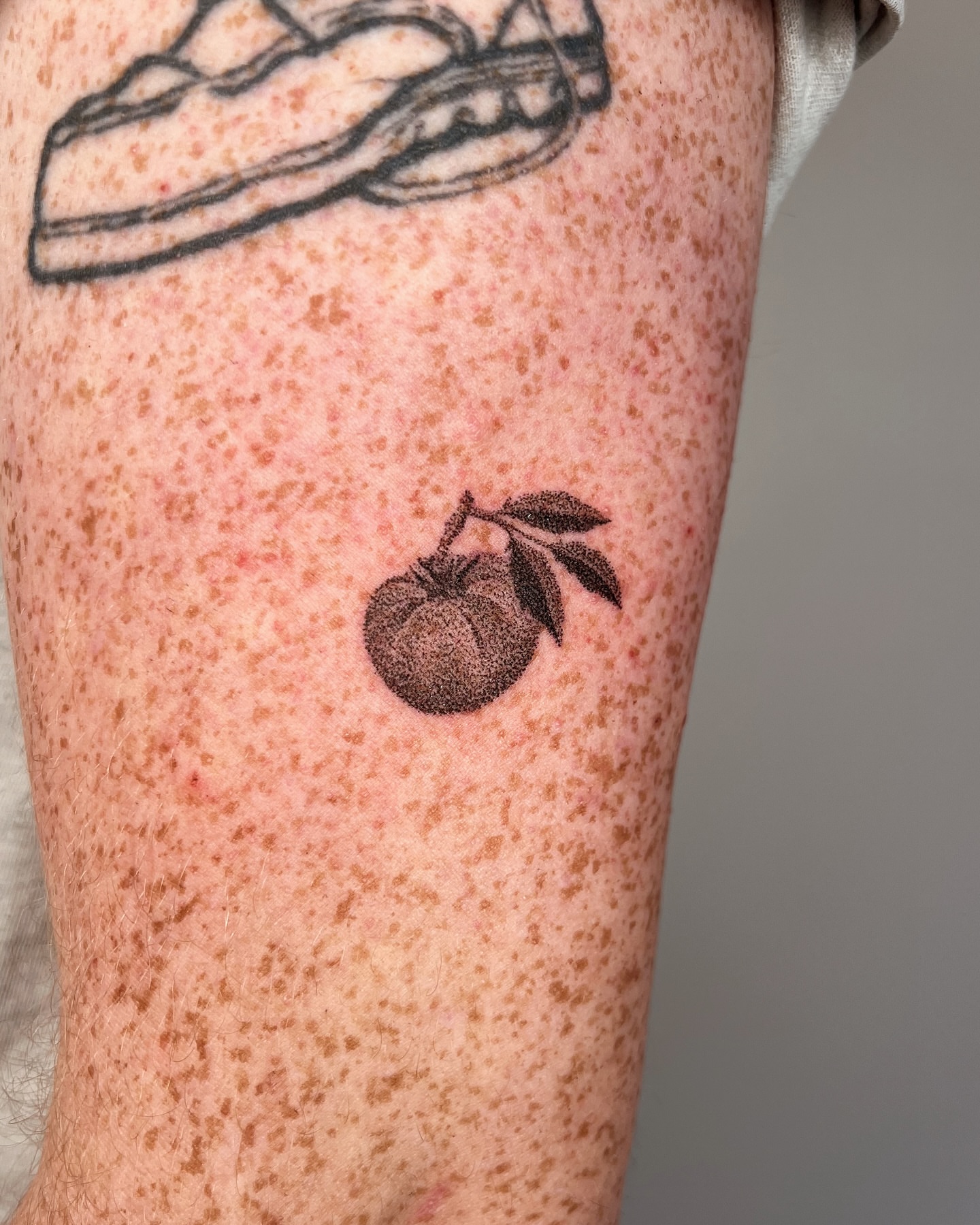 Peach dotwork tattoo on the forearm by kait ❃ hartman