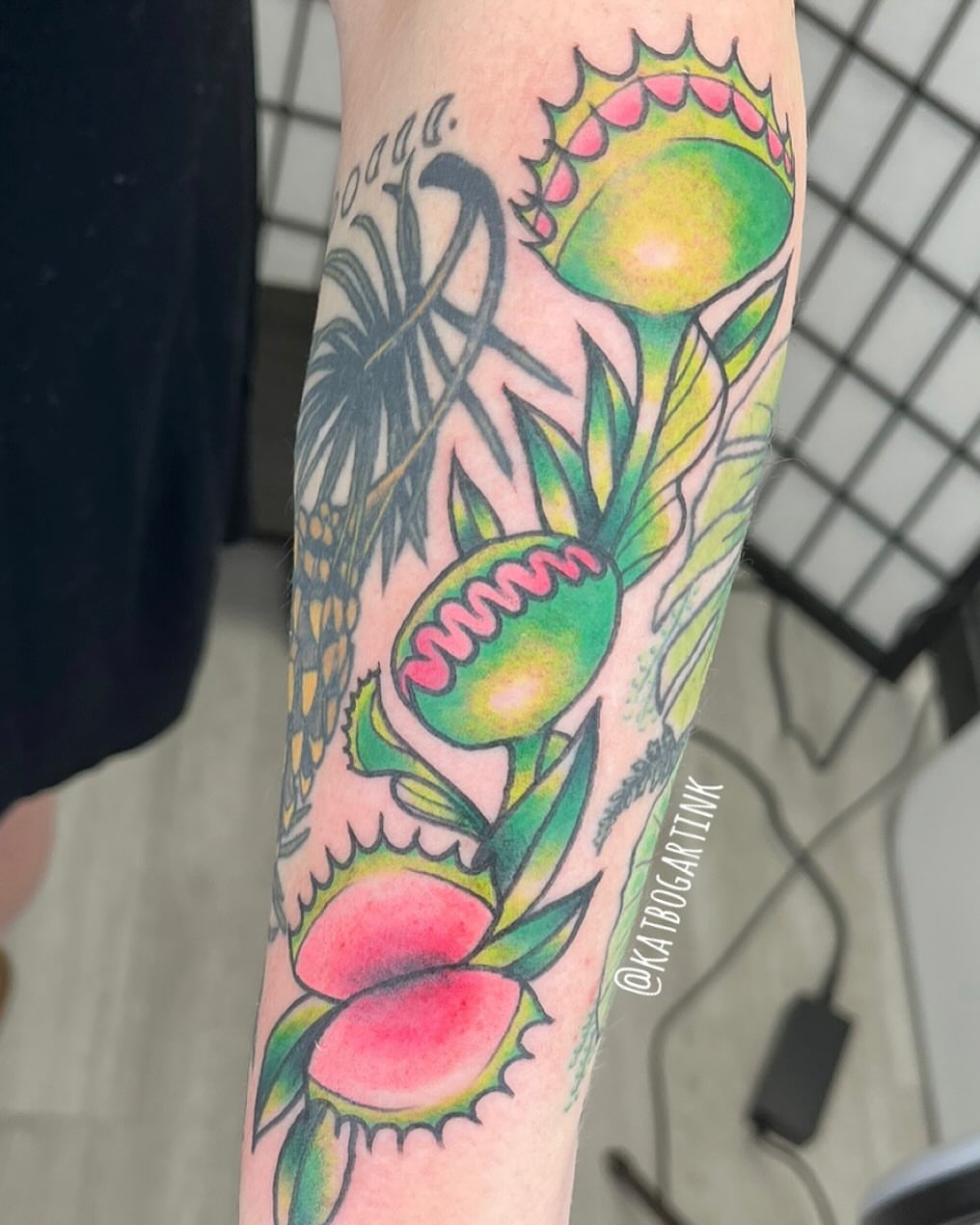 Peach and cactus American traditional tattoo on the forearm by Kat (Scout) Bogart