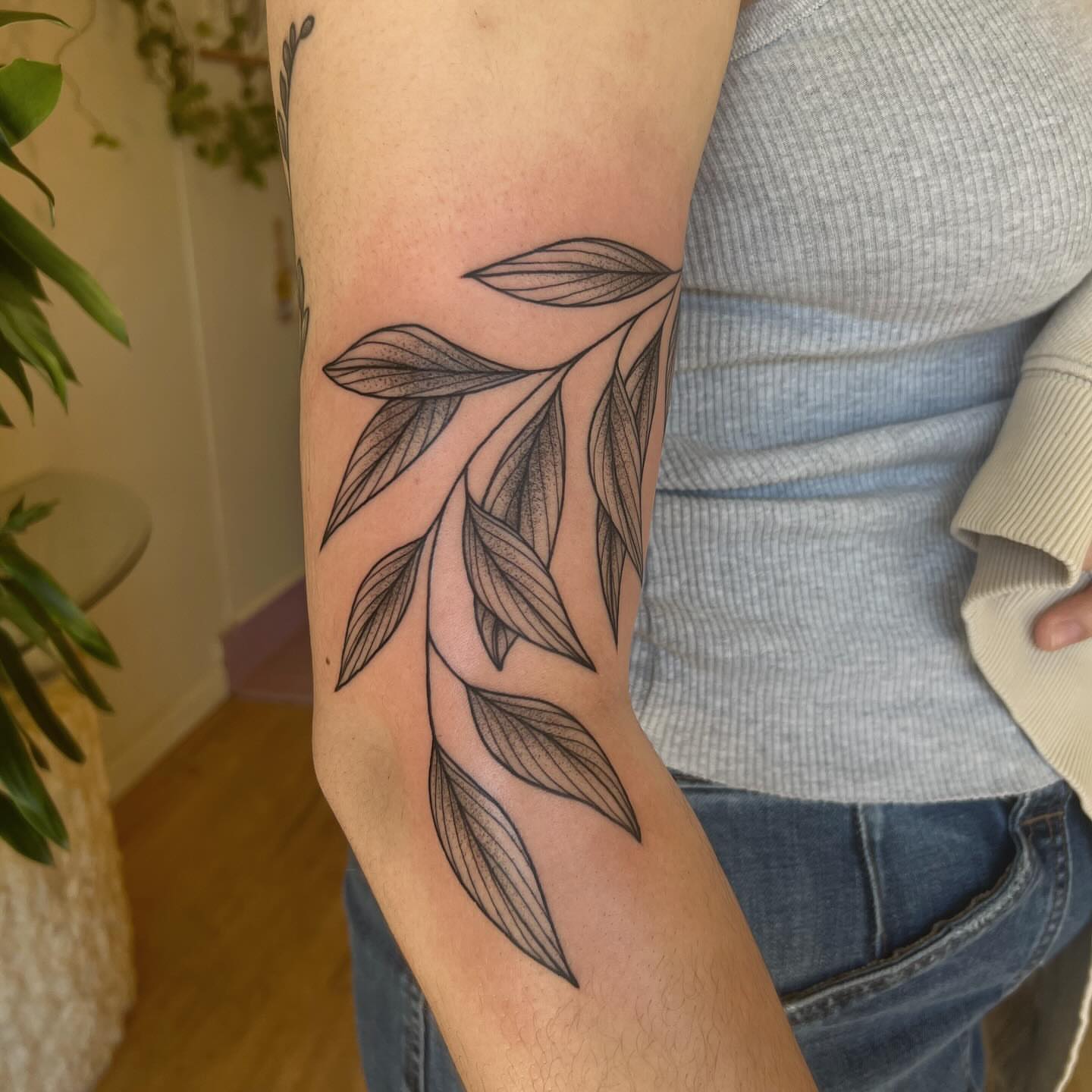 Branch with leaves black and grey tattoo on the forearm by ♥ Allie Moon ♥