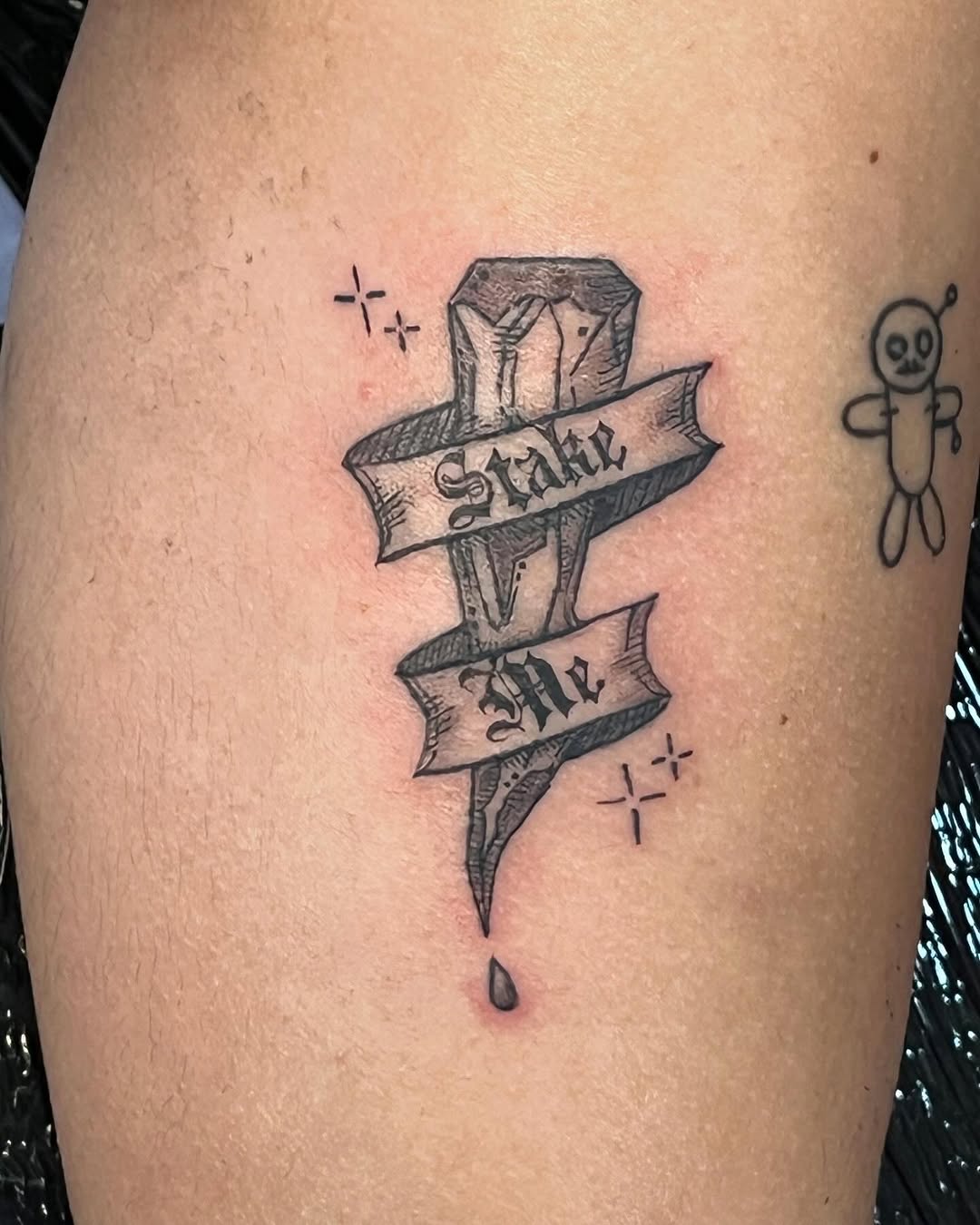 Dagger with banner and text minimalist tattoo on the thigh by ❦julia