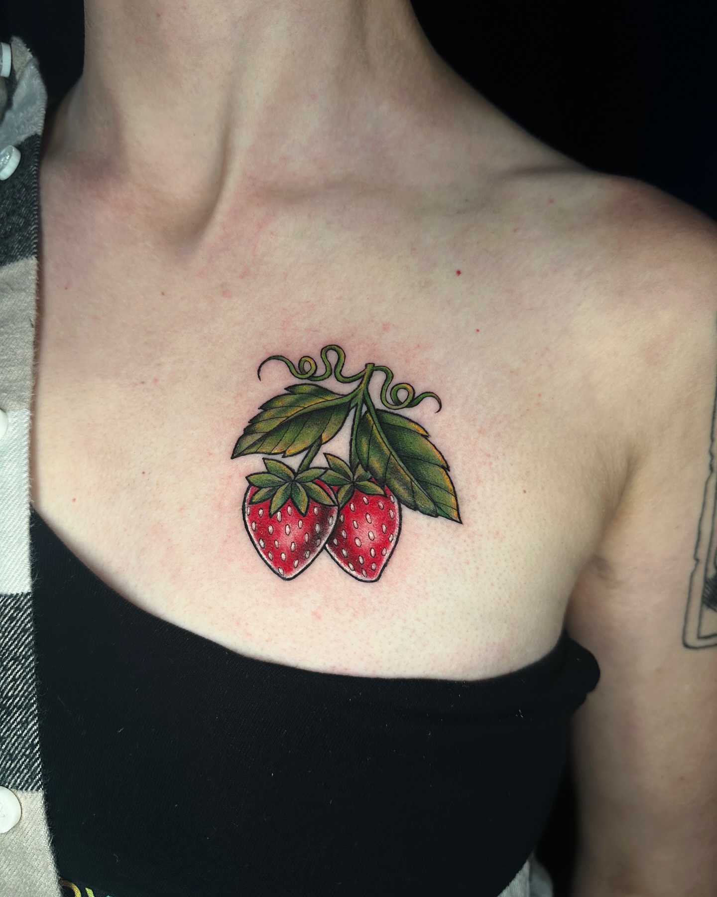 Strawberries realism tattoo on the chest by πΊπππππ βΎ π»πππππ π¨πππππ