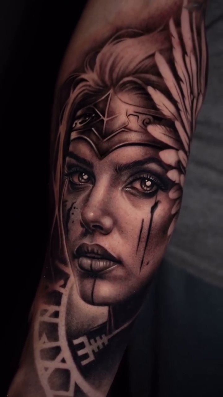 Woman's portrait realism tattoo by Ana Reyes
