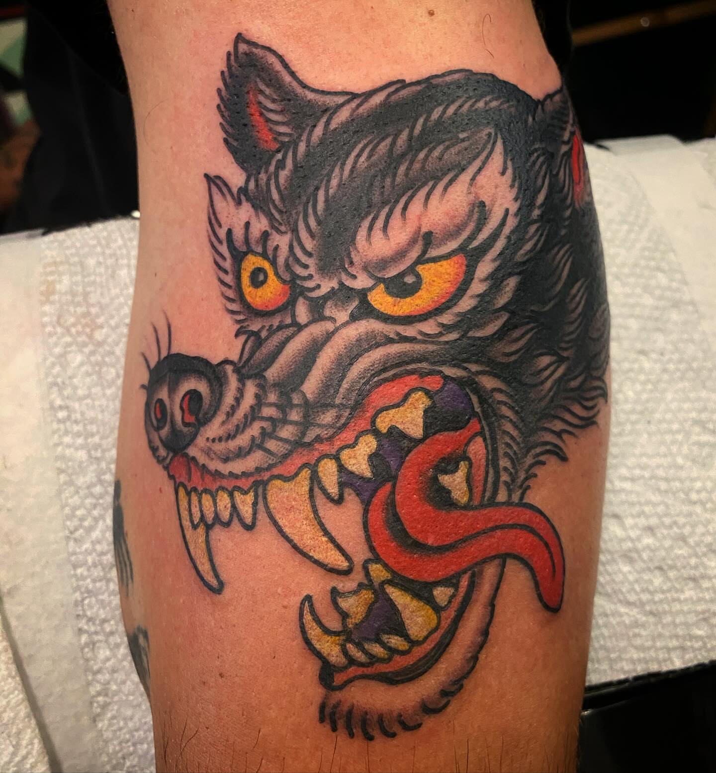 Wolf American traditional tattoo on the forearm by Adam Warmerdam, Los Angeles, California