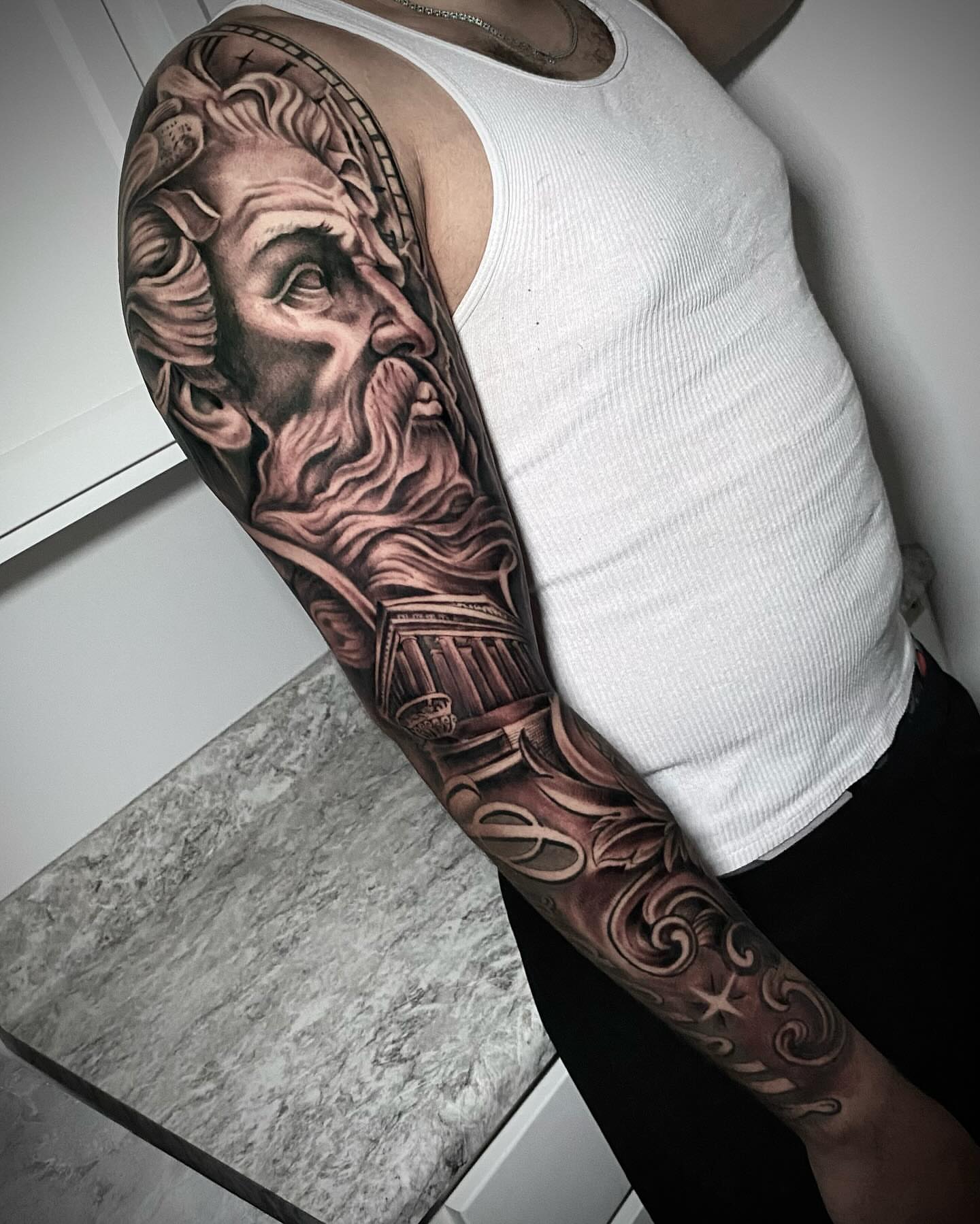 Ancient god realism tattoo on the upper arm by 🇲🇽Angelique Ortiz🇺🇲, Sugar Hill, Georgia
