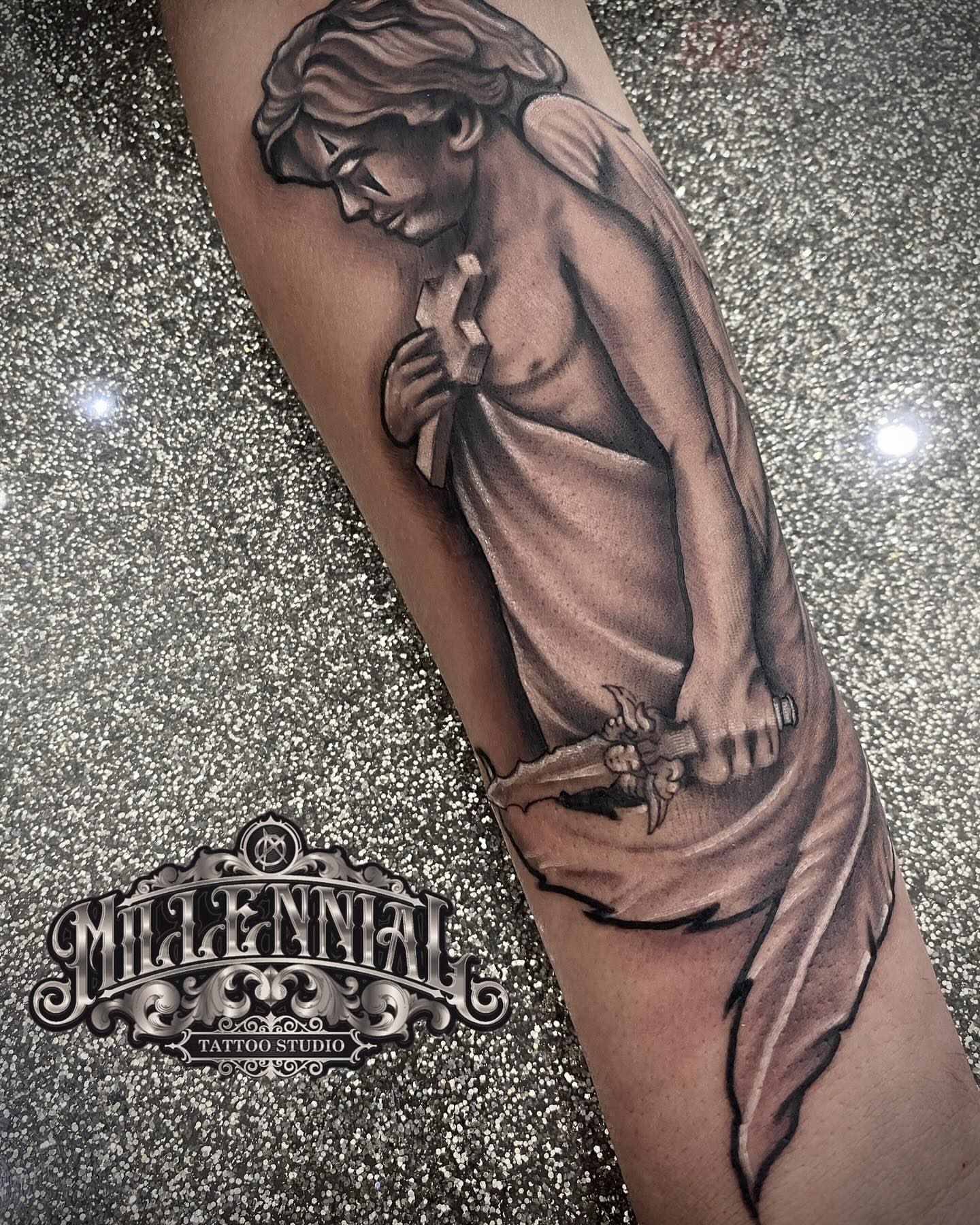 Angel with cross realism tattoo on the forearm by 🇲🇽Angelique Ortiz🇺🇲, Sugar Hill, Georgia