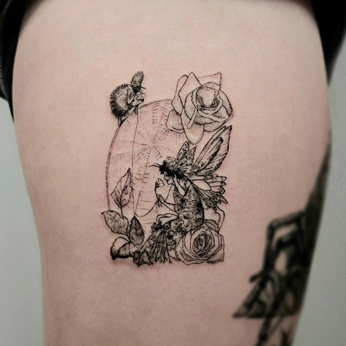 Fairy and roses realism tattoo on the thigh by Vintage tattoo