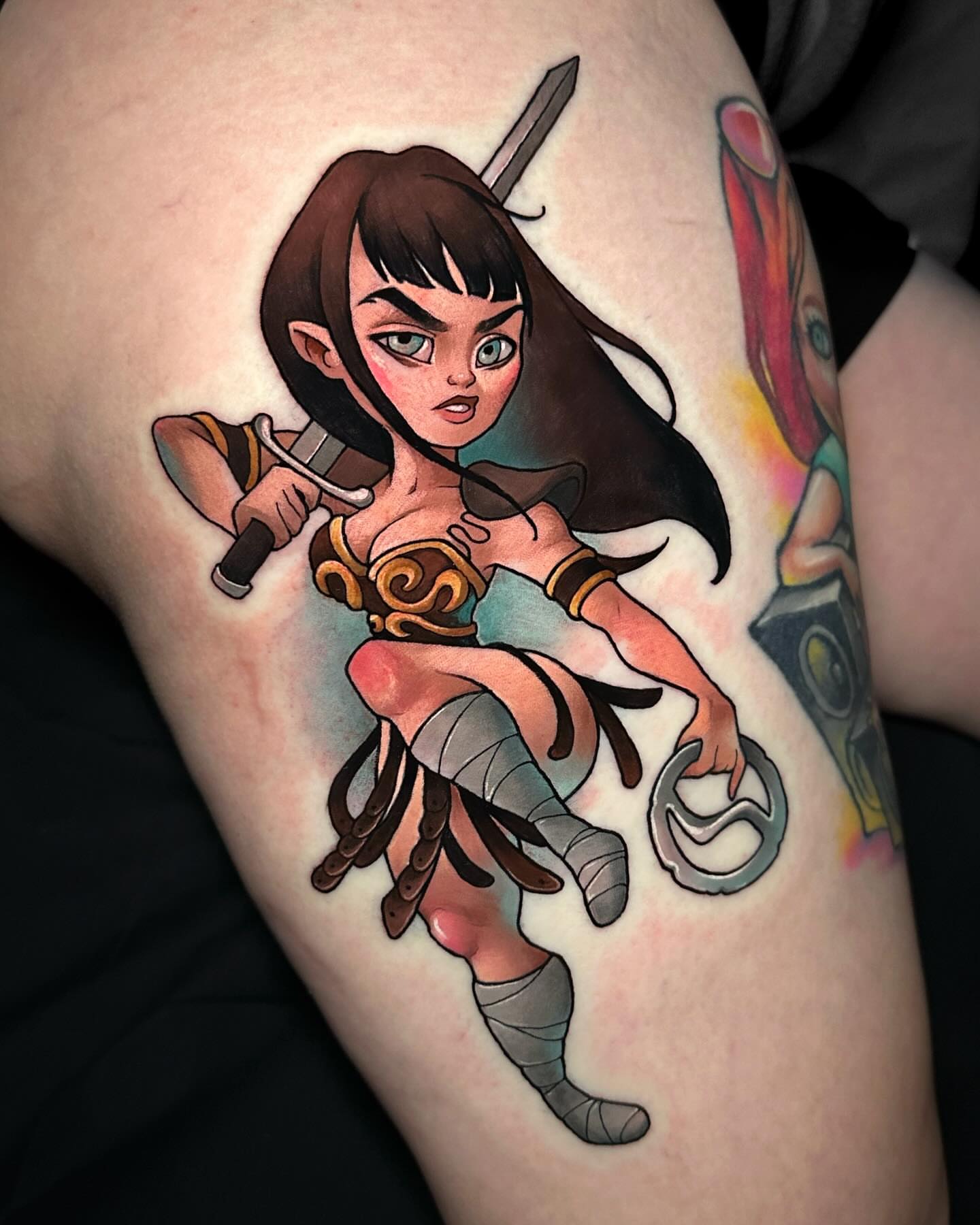 Female warrior anime tattoo on the thigh by Lena Aleksandrova