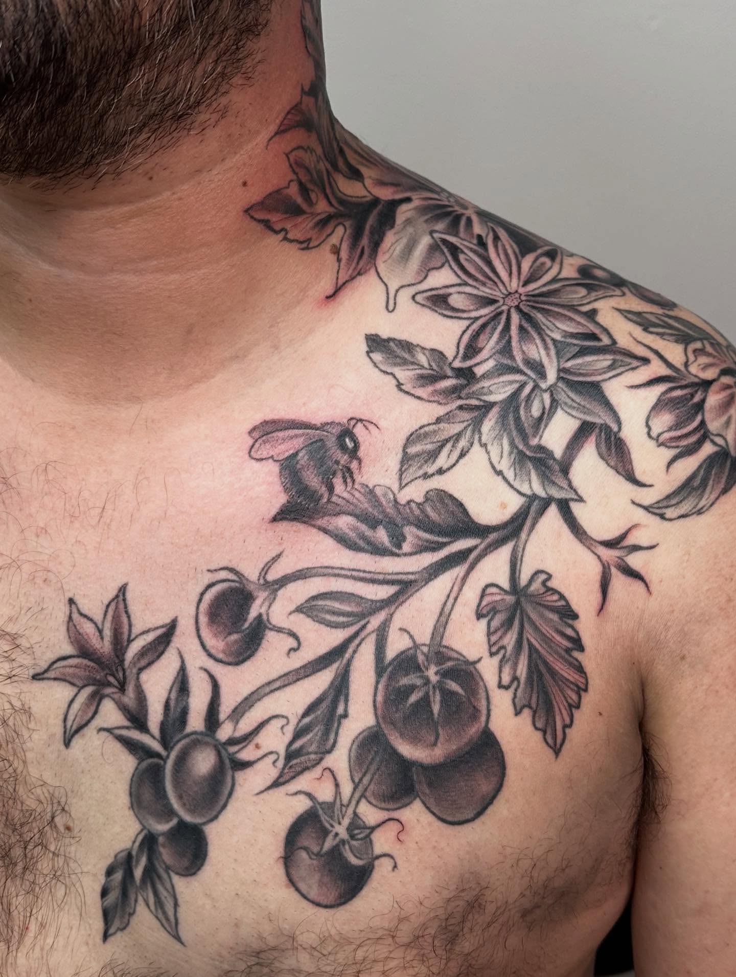 Cherry blossom black and grey tattoo on the chest by Heather Tattoos Danvers MA