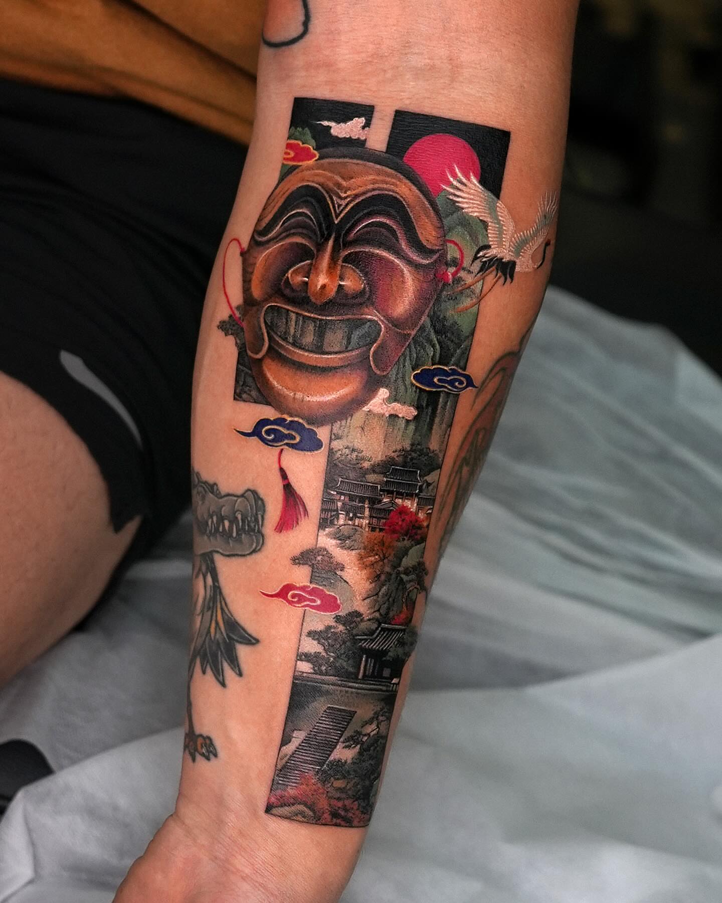 Japanese mask japanese irezumi tattoo on the forearm by EQ