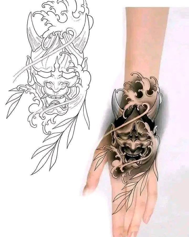 Demon mask japanese irezumi tattoo on the forearm by Aj Negrete Jr.
