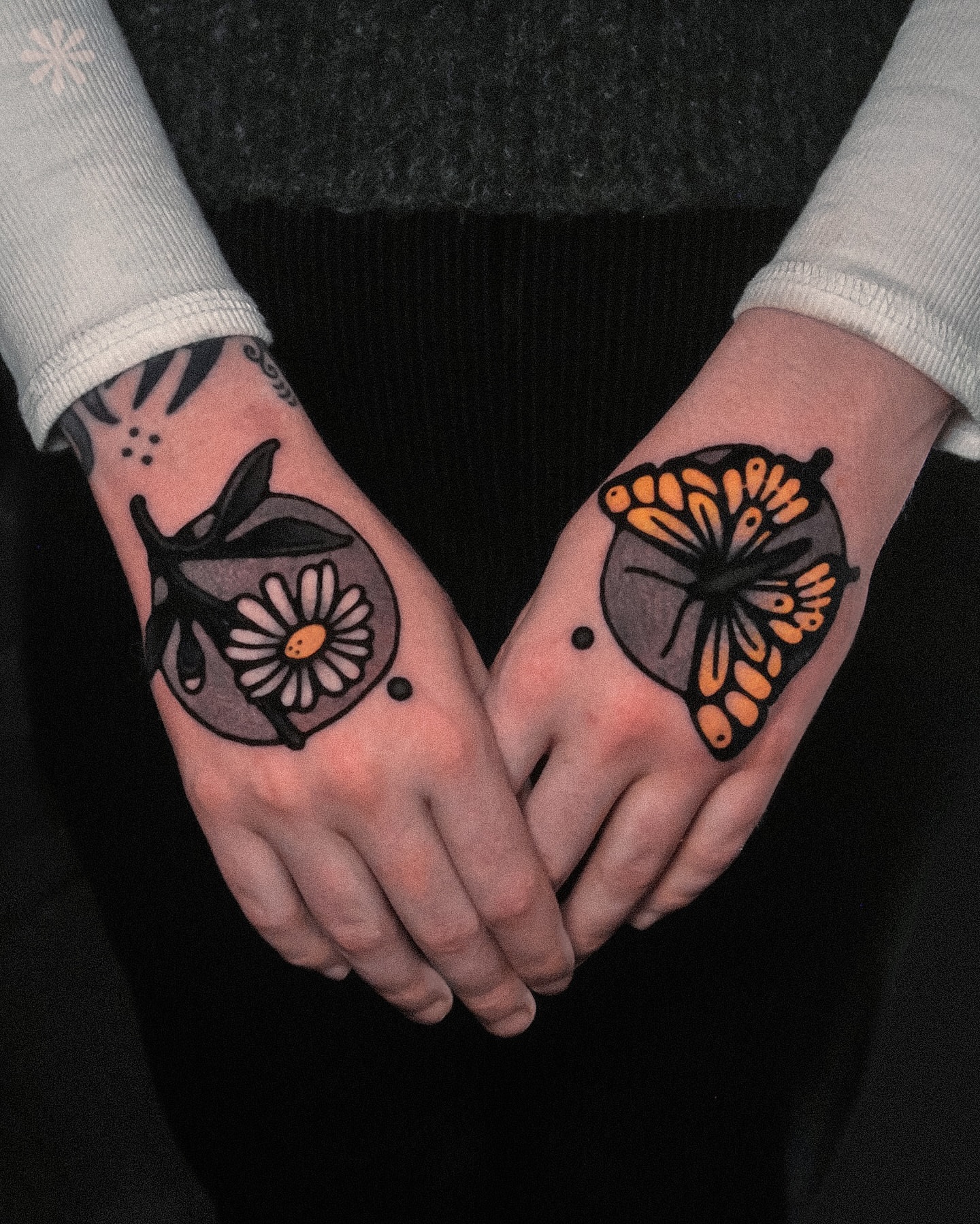 Flower and butterfly dotwork tattoo on the hand by Last Year Of Disaster