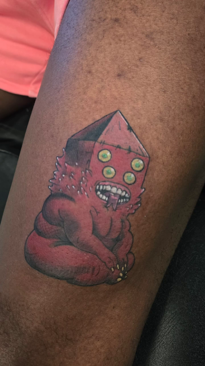 Creature with crystal head new school tattoo by Camuel Whaley