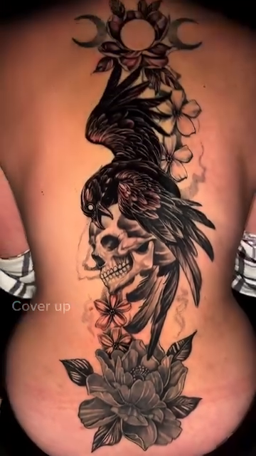 Raven, skull, and flowers dark realism tattoo by Travis Sleeper