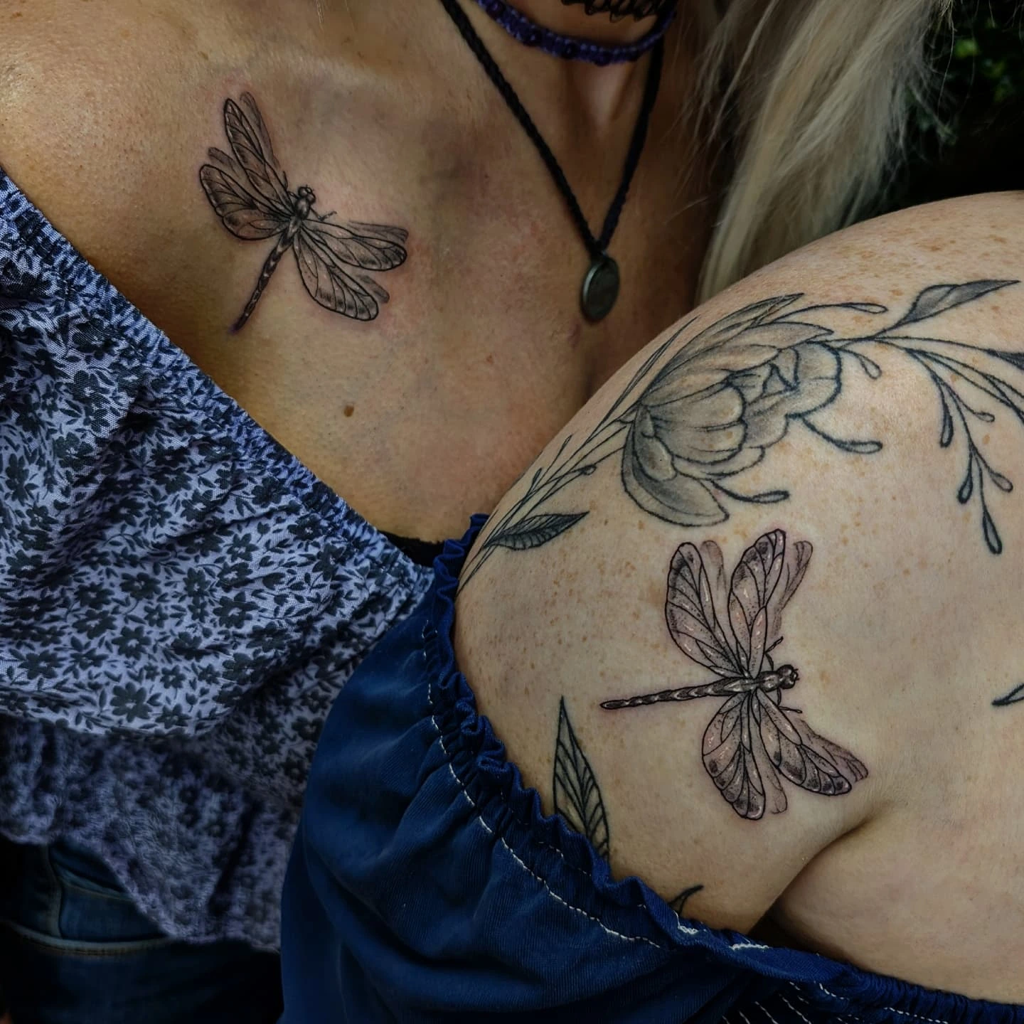 Dragonfly black and grey tattoo on the shoulder by Marlayna Connelly