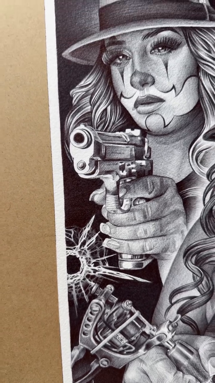 Woman with gun and mask Chicano tattoo by Brian Hernandez