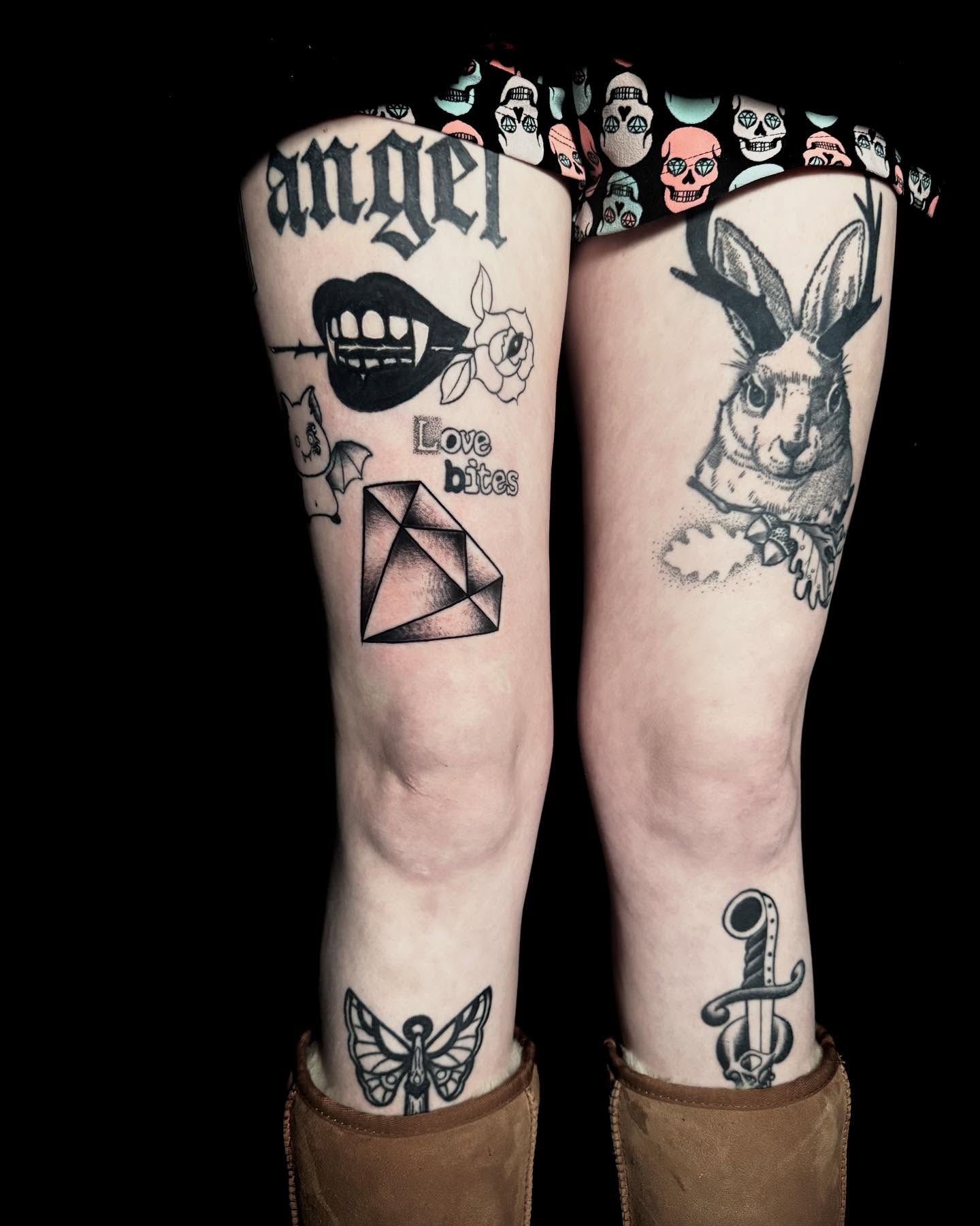 Rabbit dotwork tattoo on the calf by Alex Richardson
