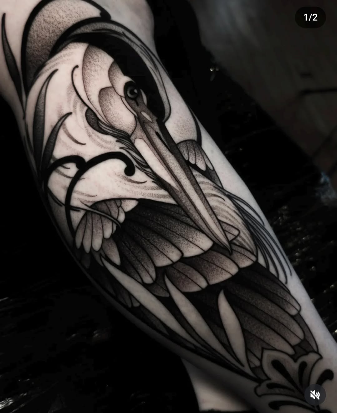 Crane bird fine line tattoo on the forearm by Craig St Peter, Kansas City, Missouri