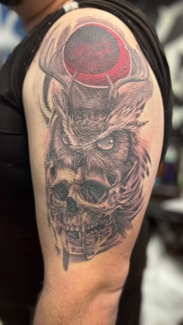 Owl and skull with moon dark realism tattoo by Look