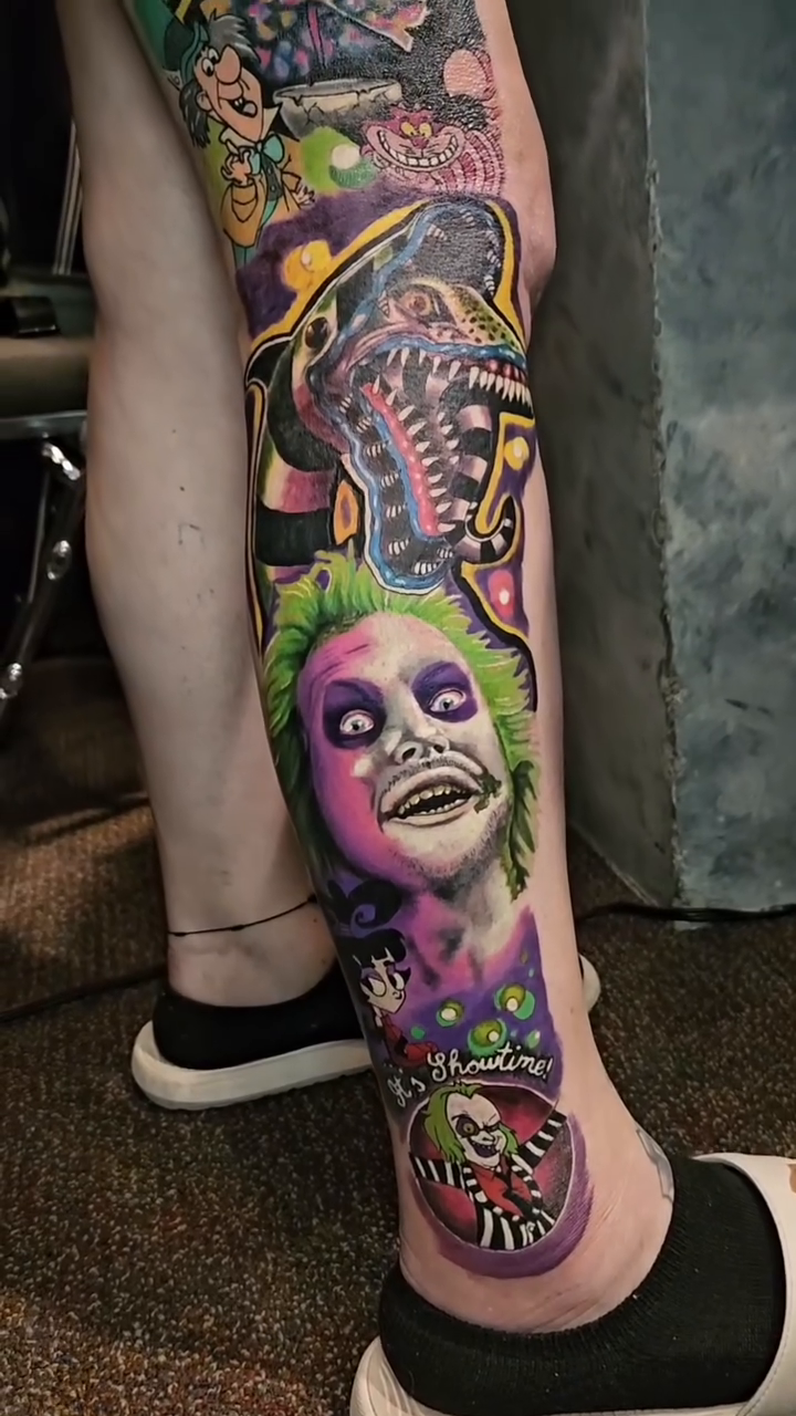 Beetlejuice and Alice in Wonderland characters new school tattoo by Zac Pedrosa