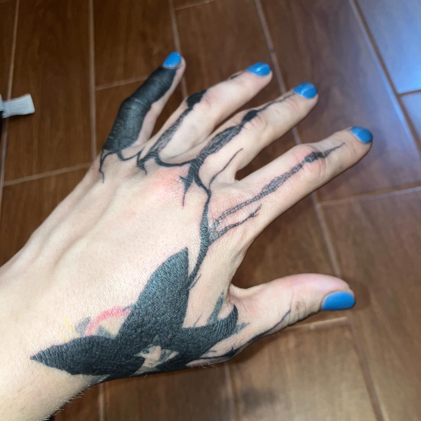 Tree branches black and grey tattoo on the hand by @godsfirmgrip