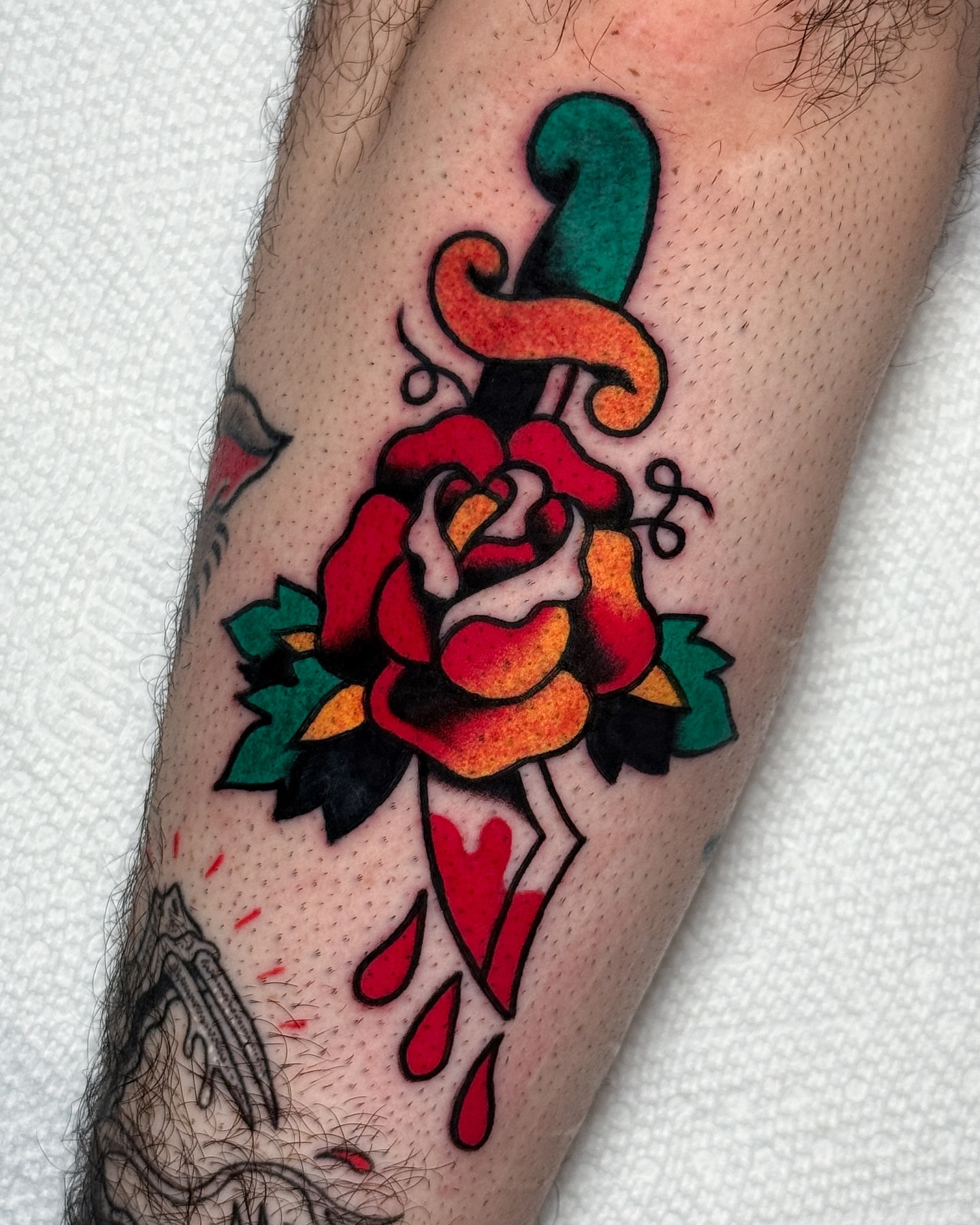Rose with dripping heart American traditional tattoo on the forearm by οΌππ¨ππ¨οΌ, New York, New York