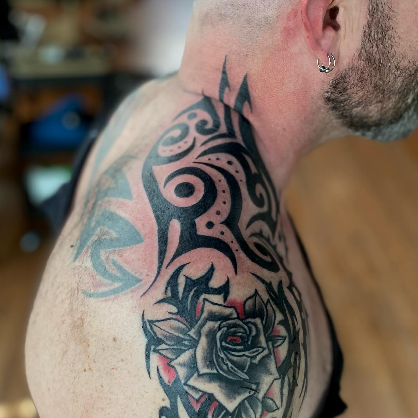 Rose and tribal tribal tattoo on the shoulder by Maddy ⁂, Murfreesboro, Tennessee