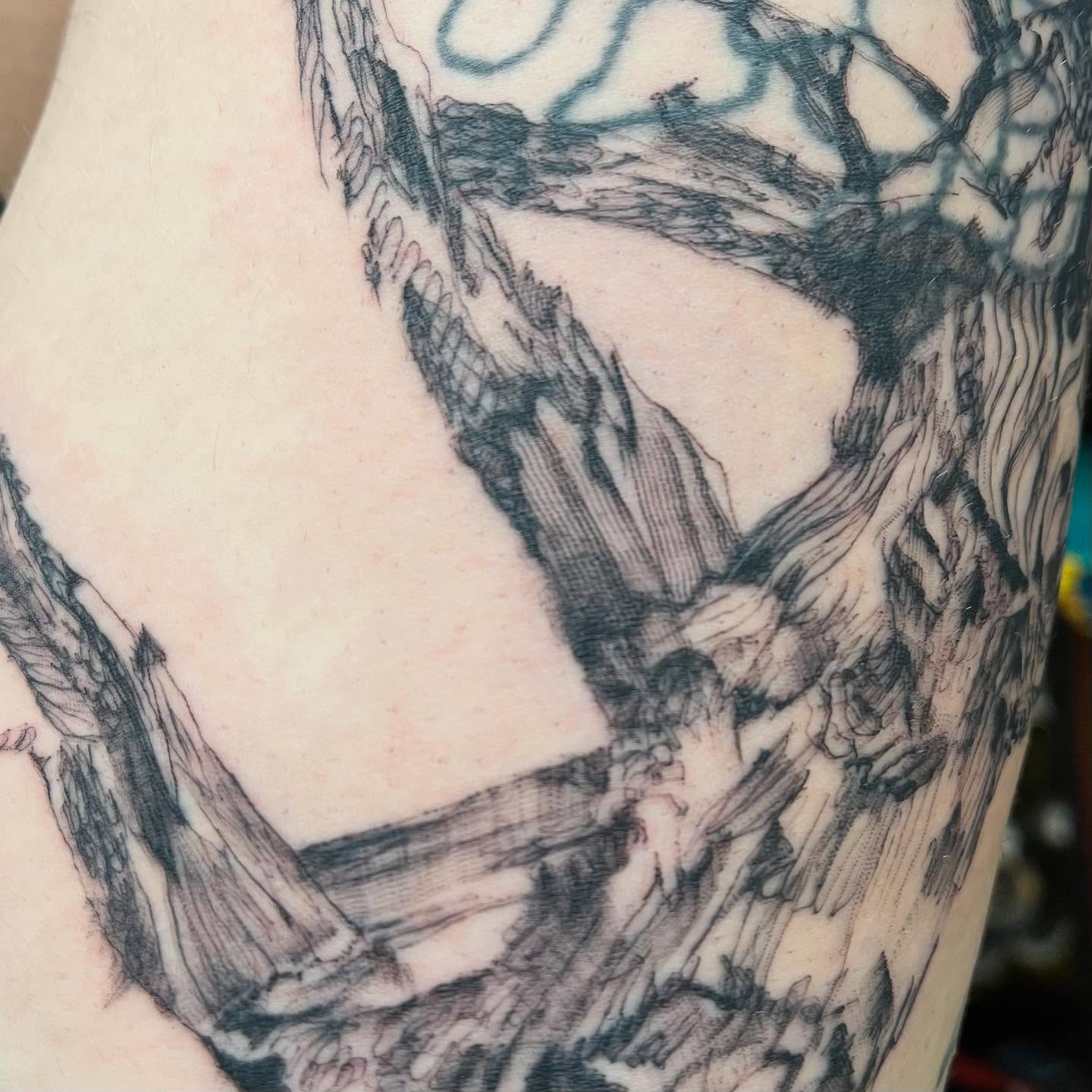 Tree black and grey tattoo on the forearm by ren